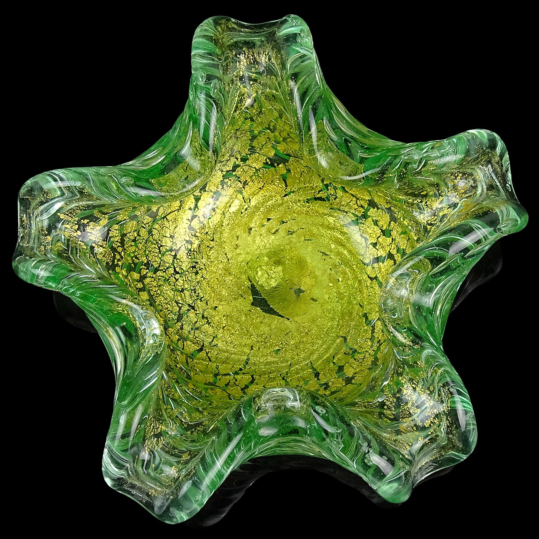 Hand-Crafted Barovier Toso Murano Green Gold Flecks Italian Art Glass Flower Star Bowl For Sale