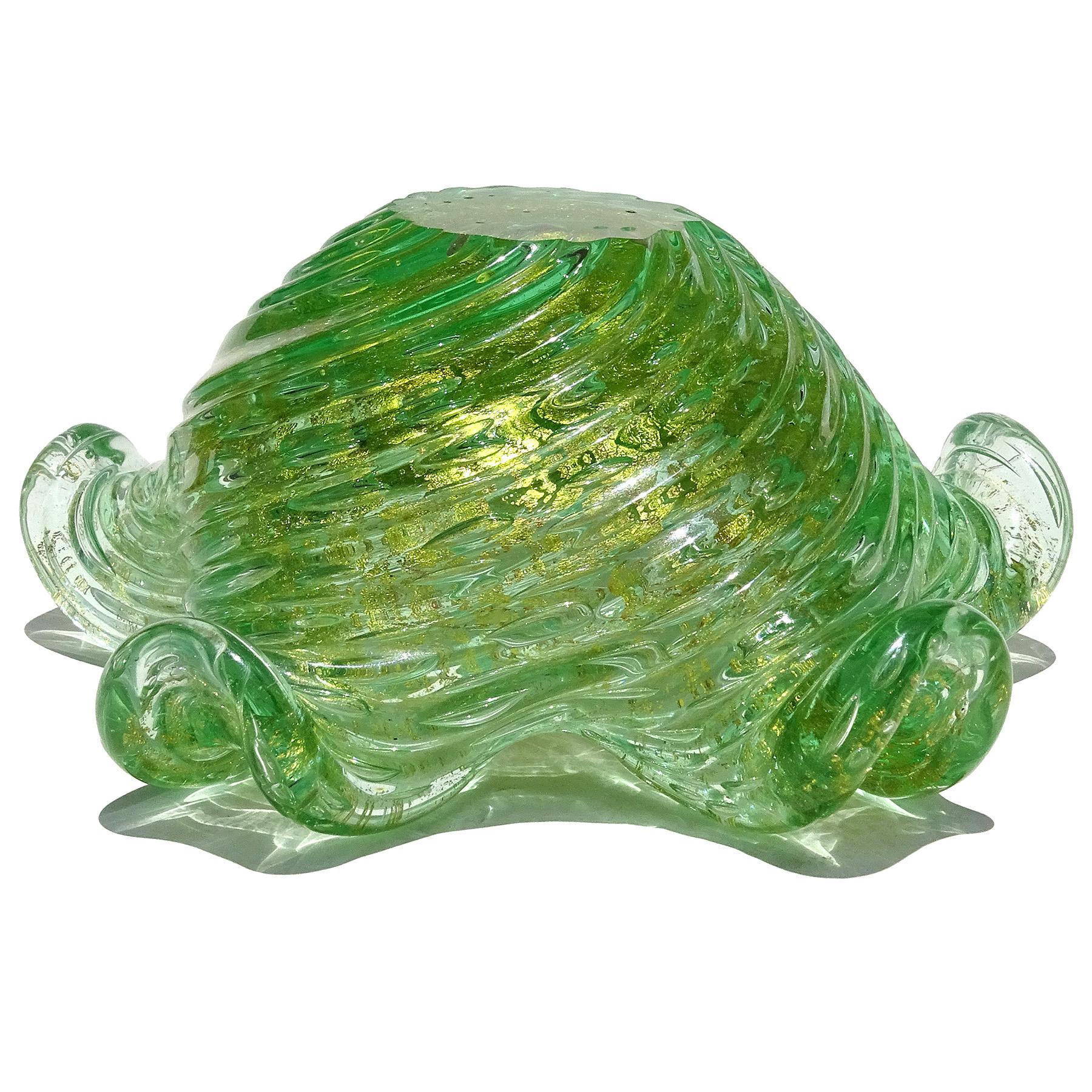 Barovier Toso Murano Green Gold Flecks Italian Art Glass Flower Star Bowl For Sale 1