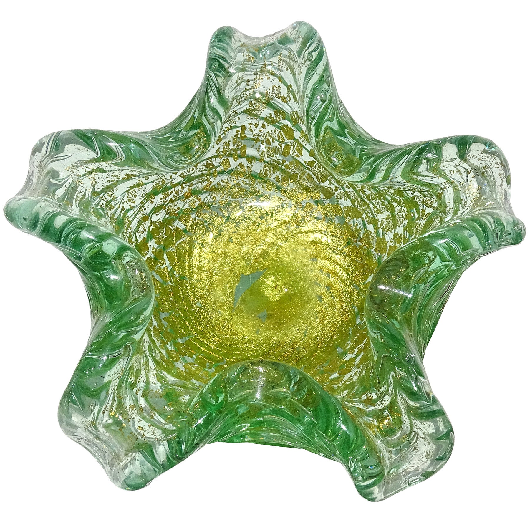 Barovier Toso Murano Green Gold Flecks Italian Art Glass Flower Star Bowl For Sale