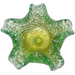 Barovier Toso Murano Green Gold Flecks Italian Art Glass Flower Star Bowl