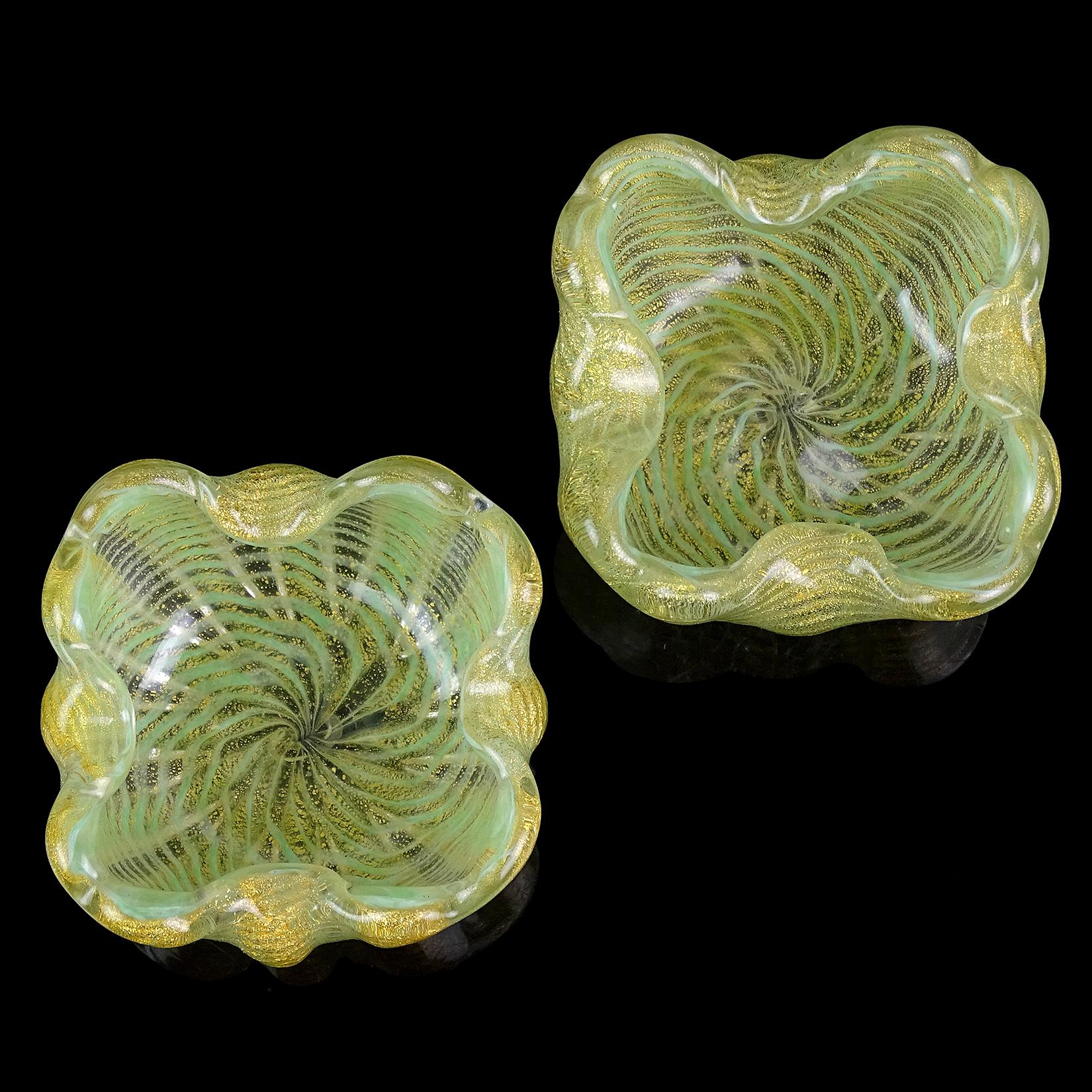 Hand-Crafted Barovier Toso Murano Green Gold Flecks Italian Art Glass Personal Ashtray Dishes For Sale
