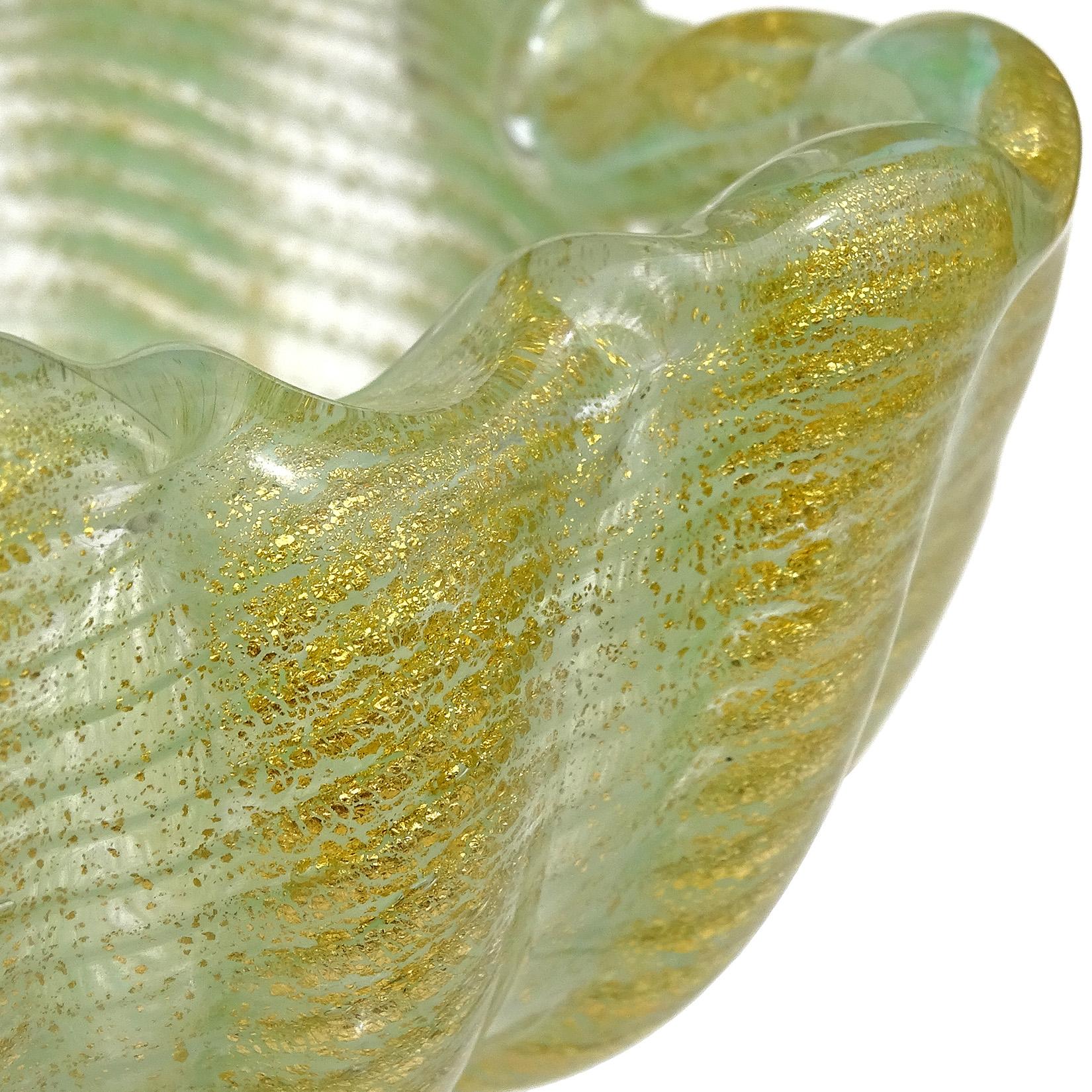 20th Century Barovier Toso Murano Green Gold Flecks Italian Art Glass Personal Ashtray Dishes For Sale