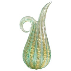 Vintage Barovier Toso Murano Green Gold Flecks Italian Art Glass Pitcher Vase