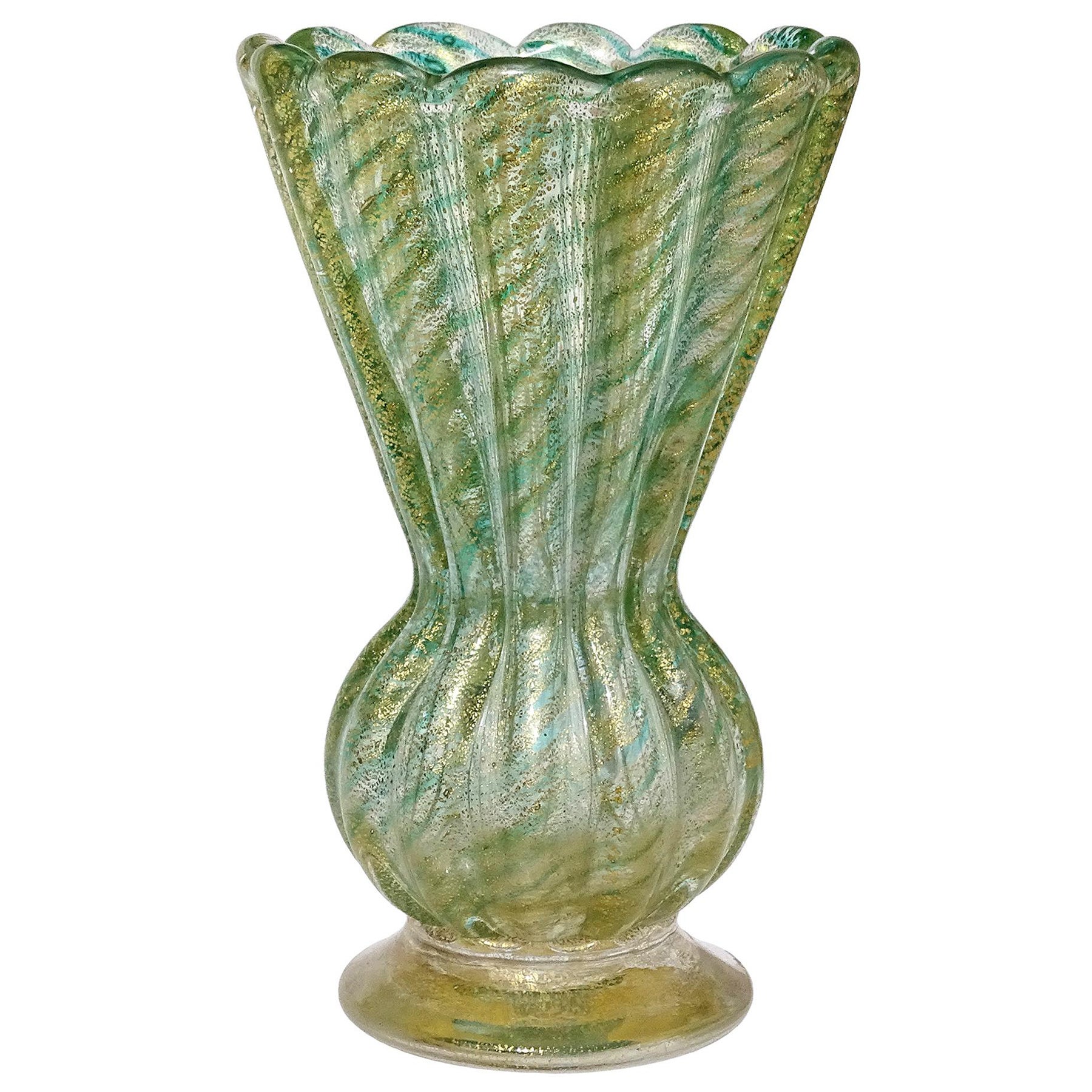 Barovier Toso Murano Green Gold Flecks Italian Art Glass Ribbed Footed Vase