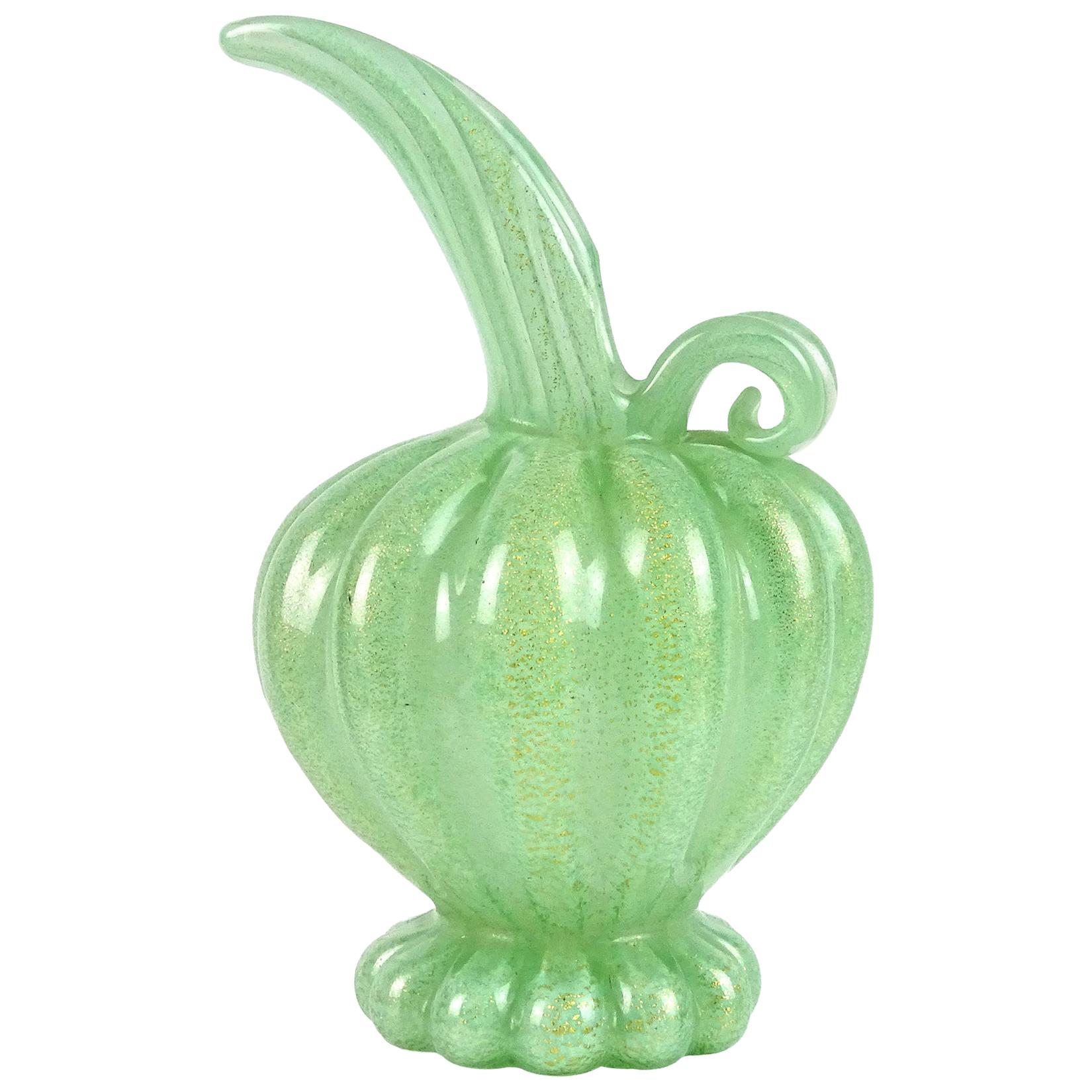 Barovier Toso Murano Green Gold Flecks Italian Art Glass Ribbed Pitcher Vase