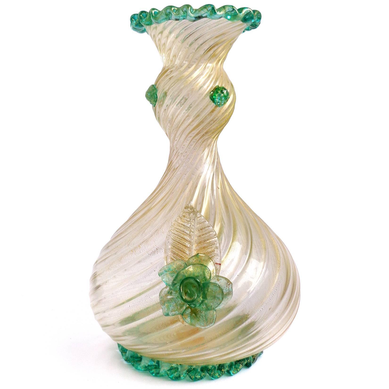 Gorgeous and large, early Murano hand blown gold flecks and green accents Italian art glass flower vase. Documented to the Barovier e Toso company, with original 