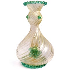 Barovier Toso Murano Green Roses Gold Flecks Italian Art Glass Flower Vase