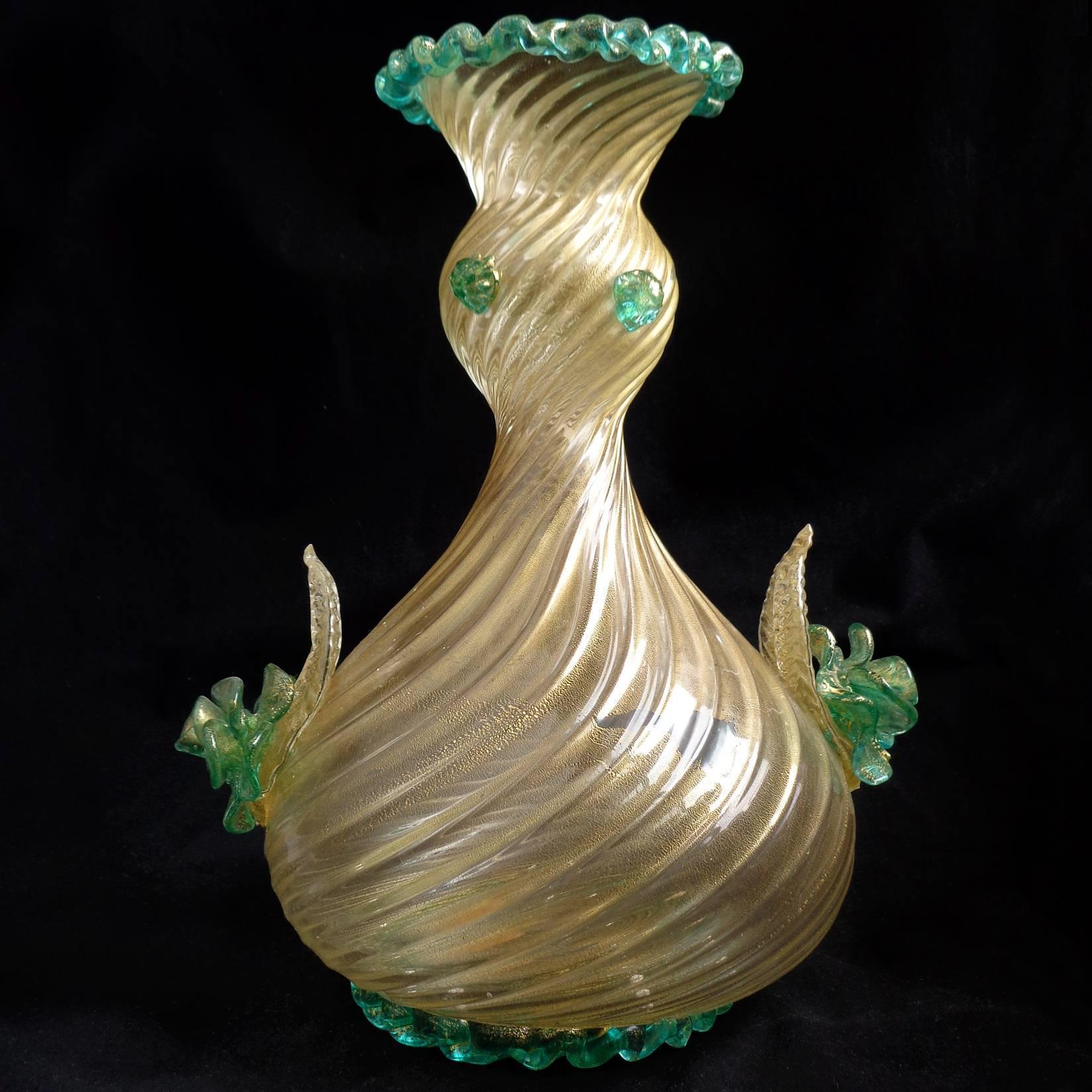 Mid-Century Modern Barovier Toso Murano Green Roses Gold Flecks Italian Art Glass Flower Vase For Sale