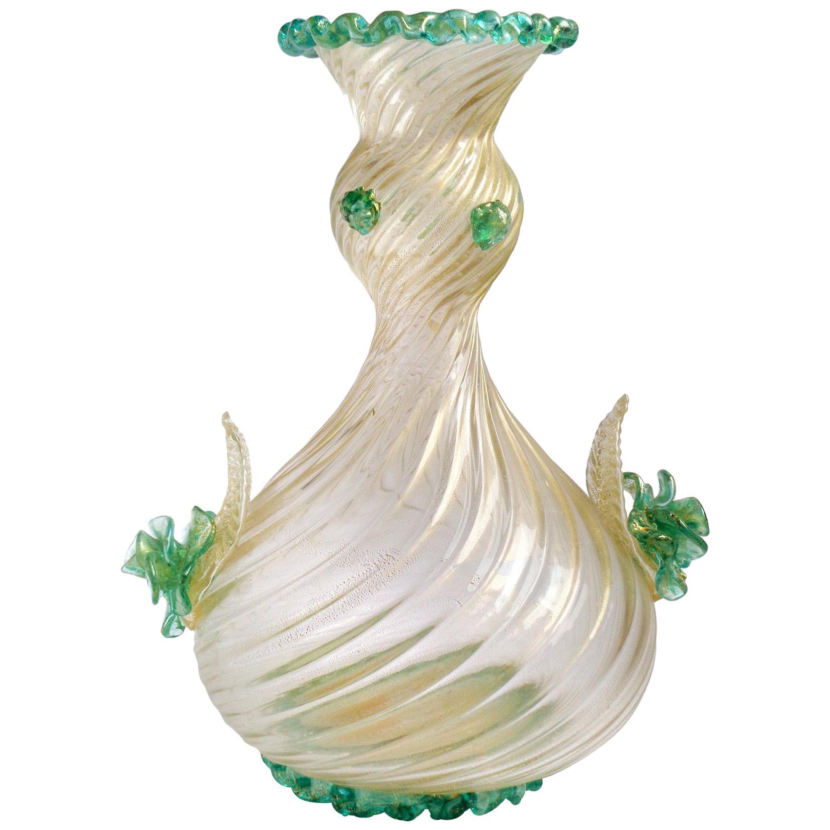 Vase à fleurs en verre d'art italien Barovier Toso de Murano avec roses vertes et mouchetures dorées