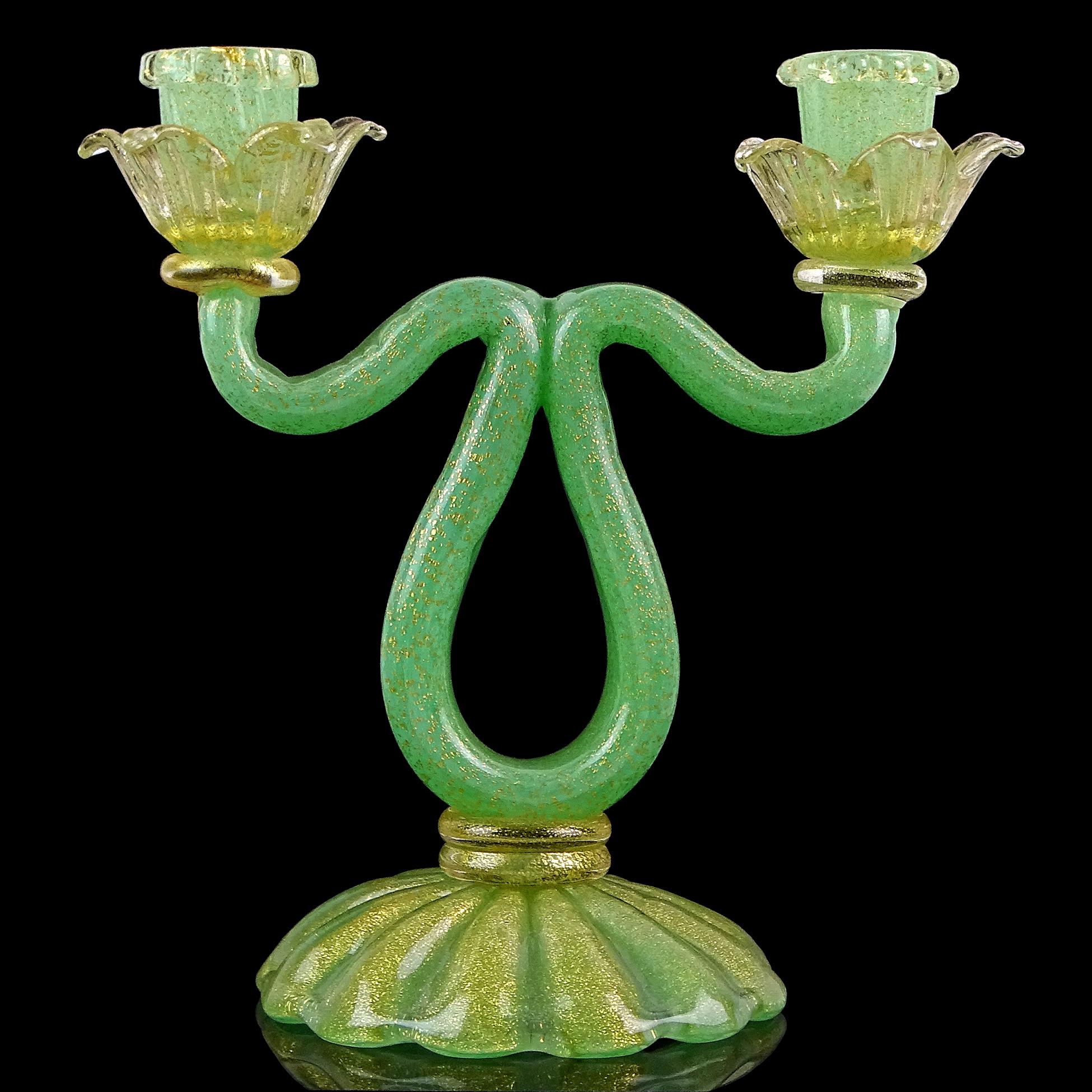 Mid-Century moderno Barovier&Toso Murano, vetro d'arte italiano, verde giada e a macchie d'oro, doppio candeliere in vendita