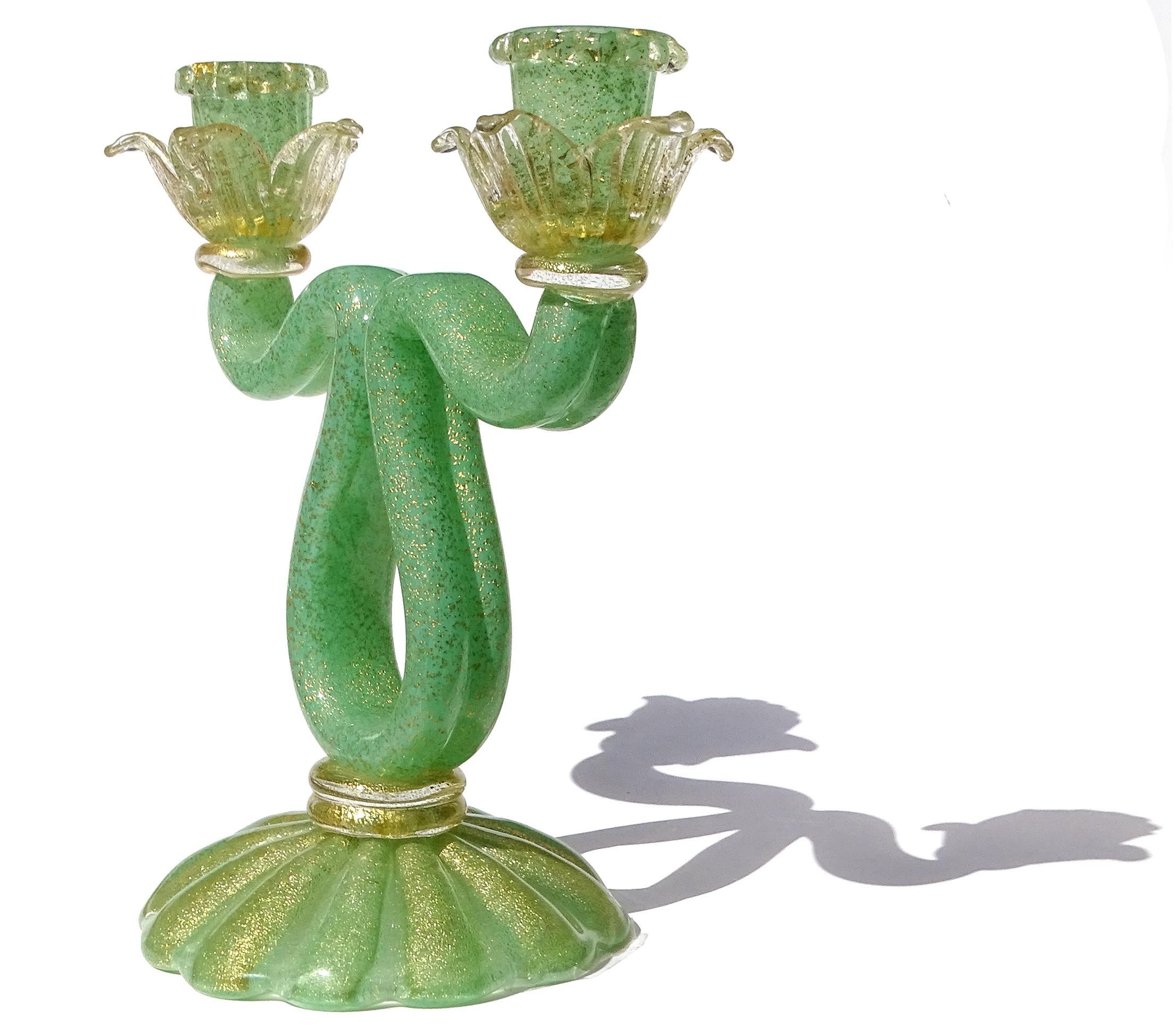 Italiano Barovier&Toso Murano, vetro d'arte italiano, verde giada e a macchie d'oro, doppio candeliere in vendita