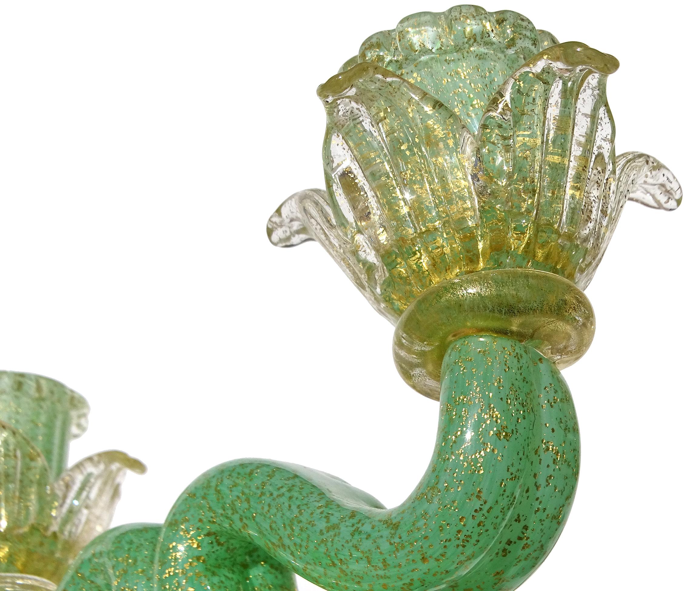 Fatto a mano Barovier&Toso Murano, vetro d'arte italiano, verde giada e a macchie d'oro, doppio candeliere in vendita