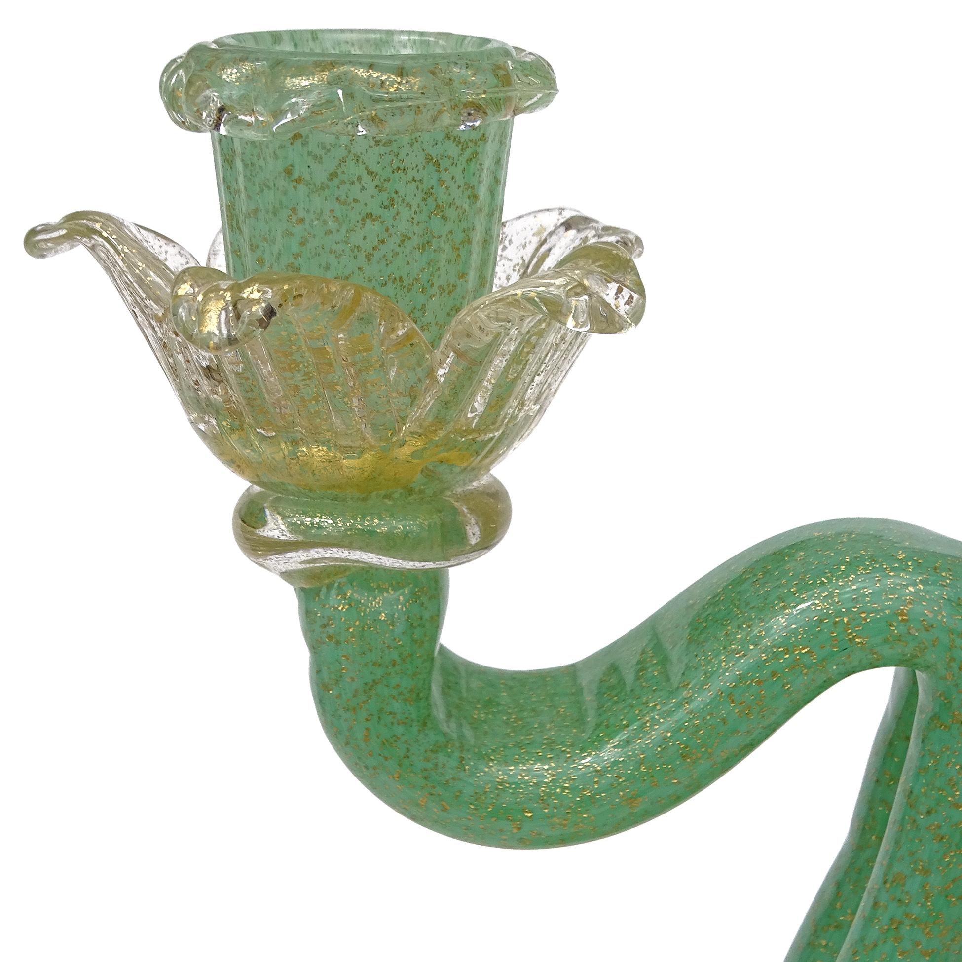 Barovier&Toso Murano, vetro d'arte italiano, verde giada e a macchie d'oro, doppio candeliere In condizioni buone in vendita a Kissimmee, FL