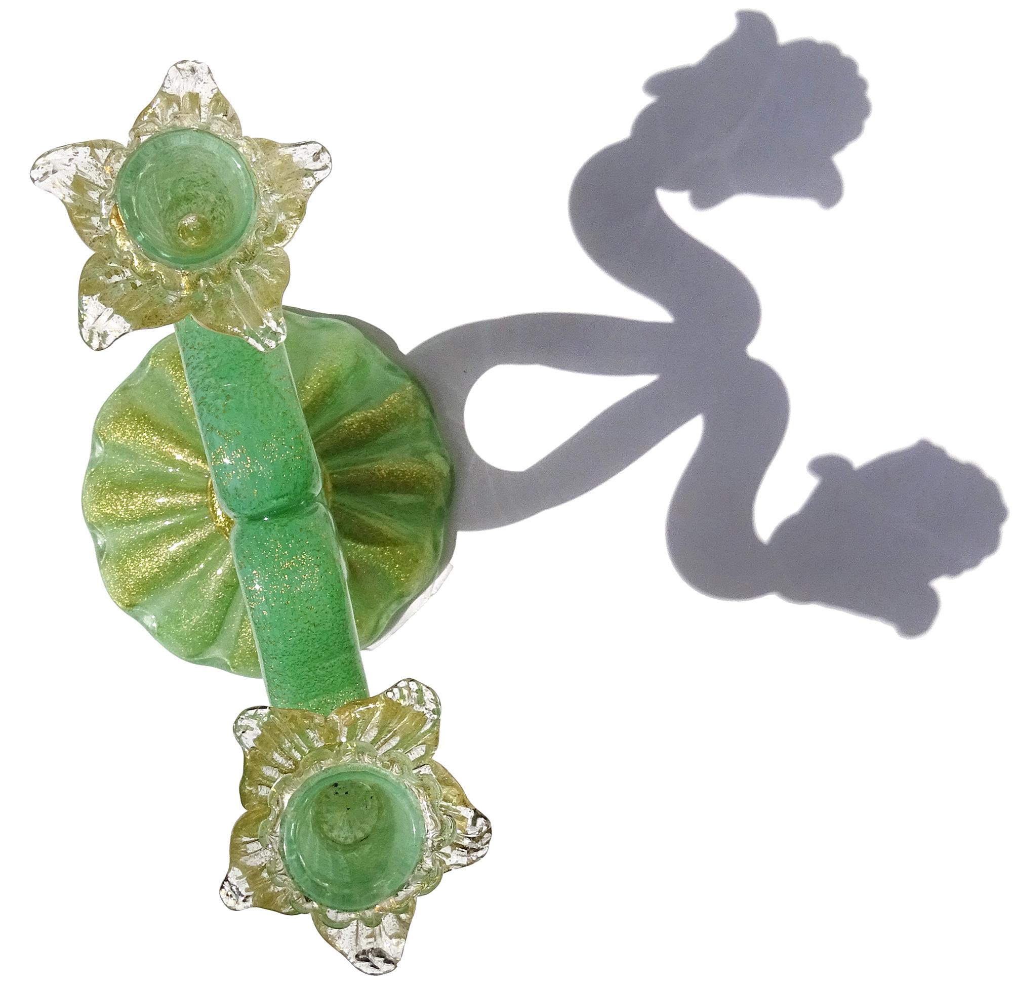 XX secolo Barovier&Toso Murano, vetro d'arte italiano, verde giada e a macchie d'oro, doppio candeliere in vendita