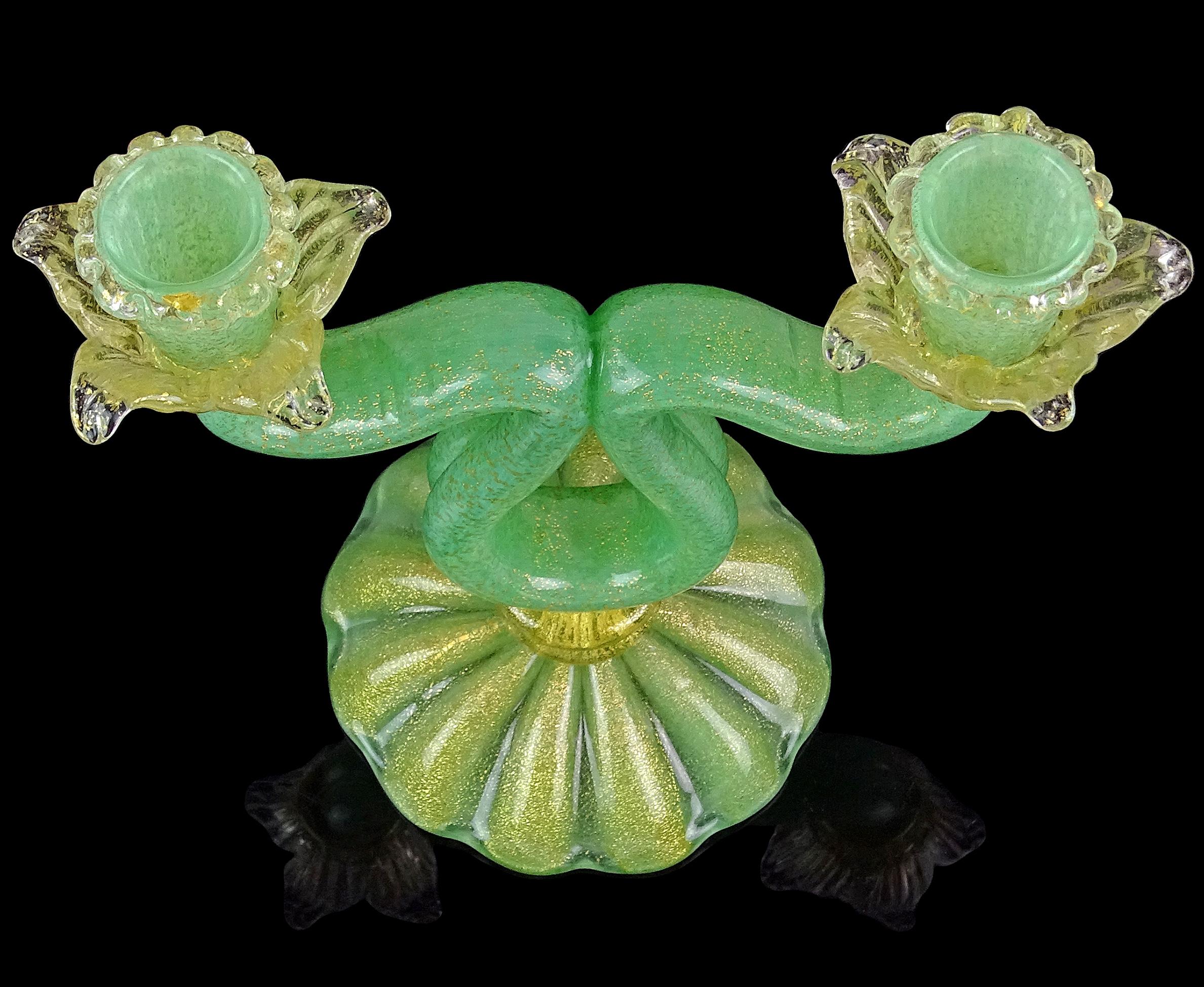 Vetro Barovier&Toso Murano, vetro d'arte italiano, verde giada e a macchie d'oro, doppio candeliere in vendita