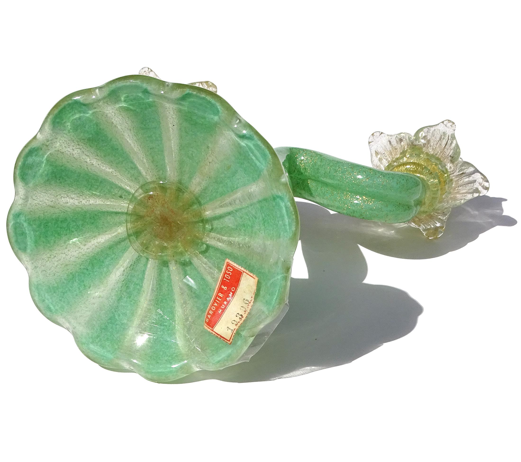 Barovier&Toso Murano, vetro d'arte italiano, verde giada e a macchie d'oro, doppio candeliere in vendita 1