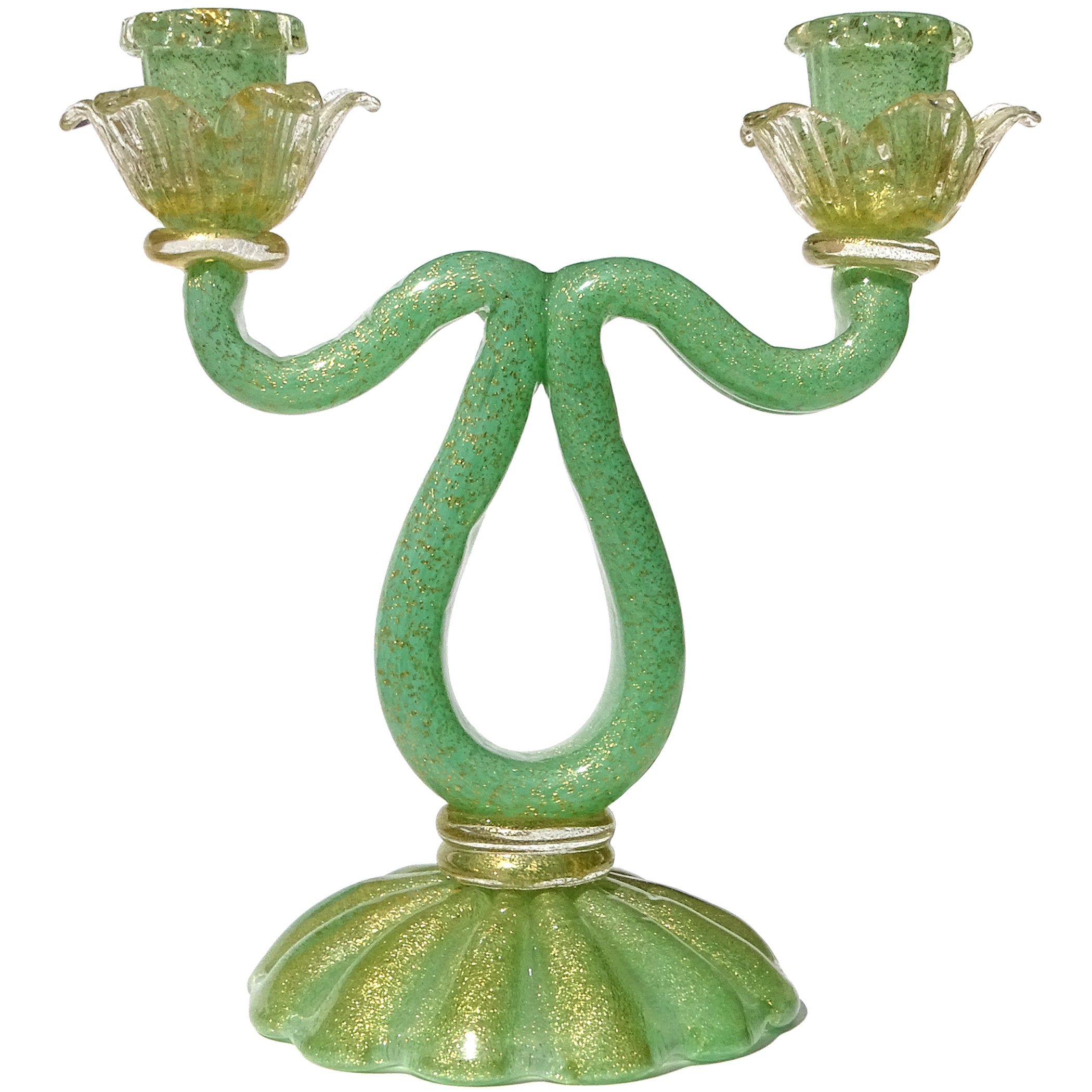 Barovier Toso Murano Jade Green Gold Flecks Italian Art Glass Double Candlestick