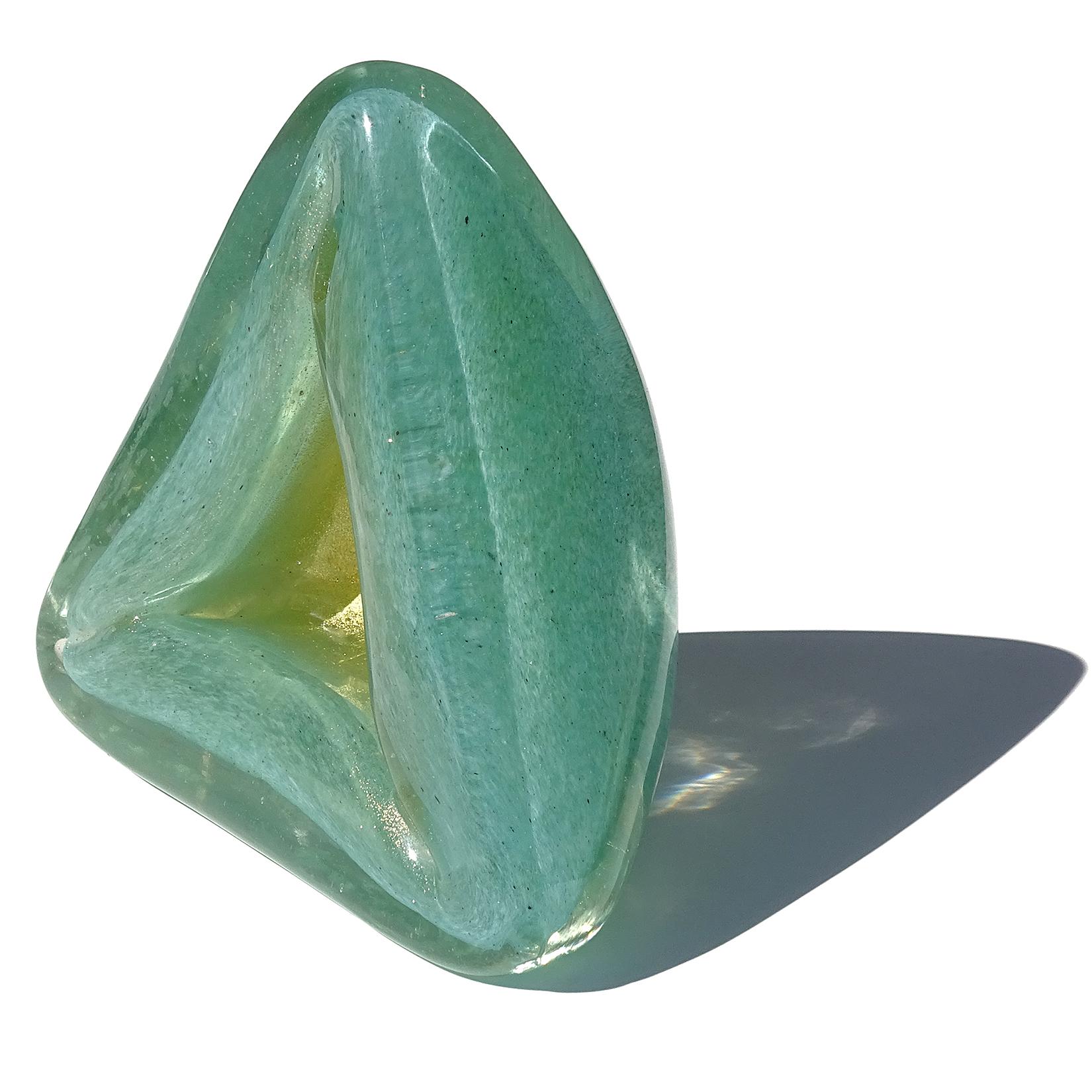 Mid-Century Modern Barovier Toso Murano Jade Green Gold Flecks Italian Art Glass Triangle Bowl