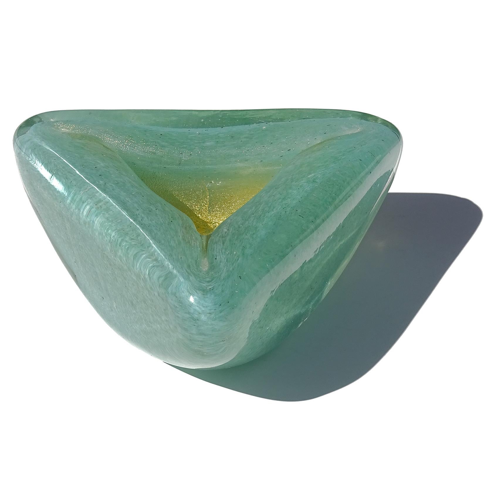 Hand-Crafted Barovier Toso Murano Jade Green Gold Flecks Italian Art Glass Triangle Bowl