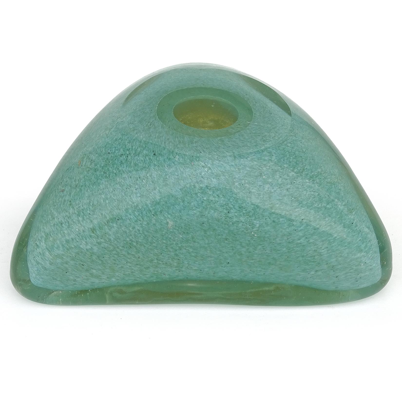 Barovier Toso Murano Jade Green Gold Flecks Italian Art Glass Triangle Bowl 1