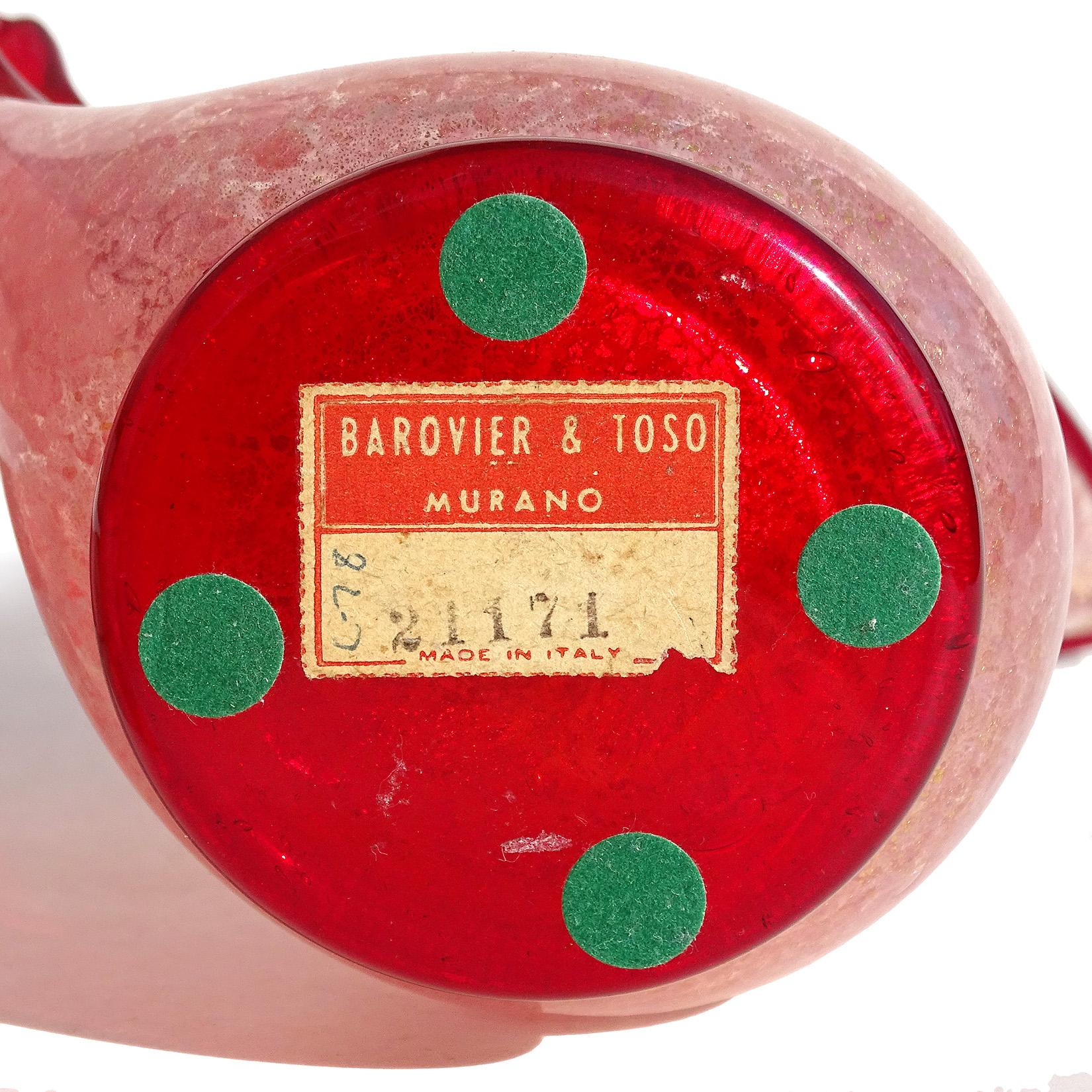 Italienische Barovier Toso Murano Label-Krugvase aus Kunstglas mit roten, rosa und goldenen Flecken (Handgefertigt) im Angebot