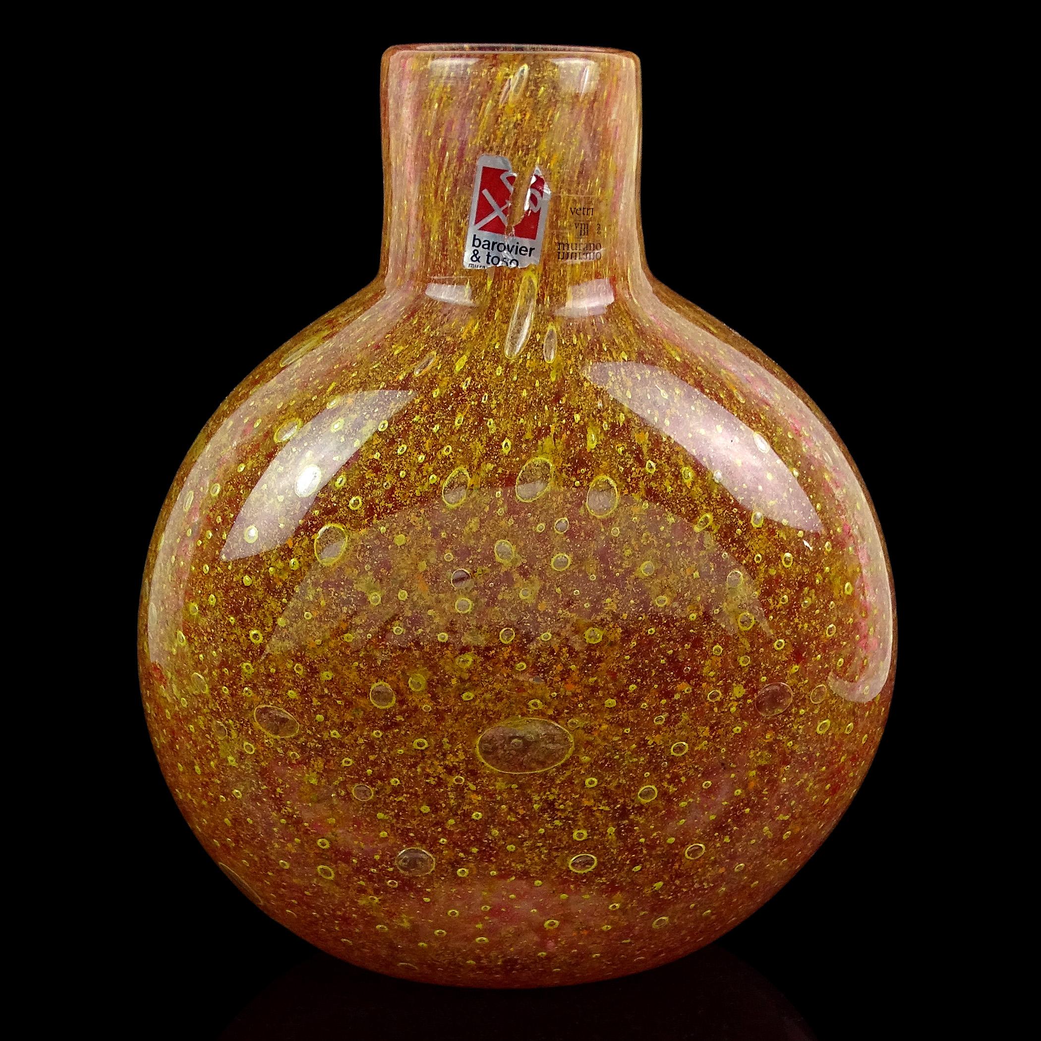 Mid-Century Modern Barovier&Toso Vase à fleurs en verre d'art italien Murano Label et mouchetures d'or signées en vente