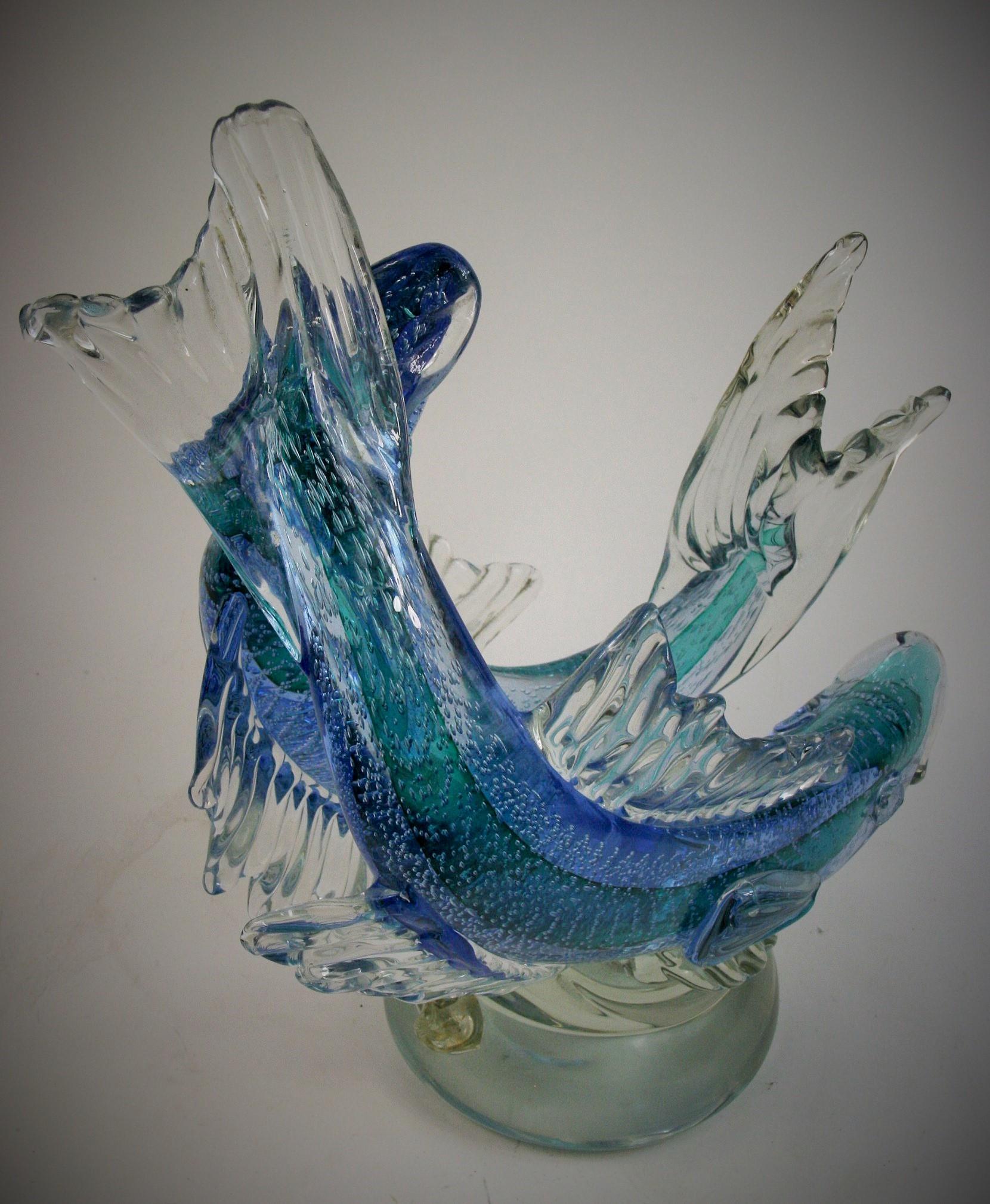 Art Glass Barovier & Toso Murano Large Glass Double Fish Sculpture