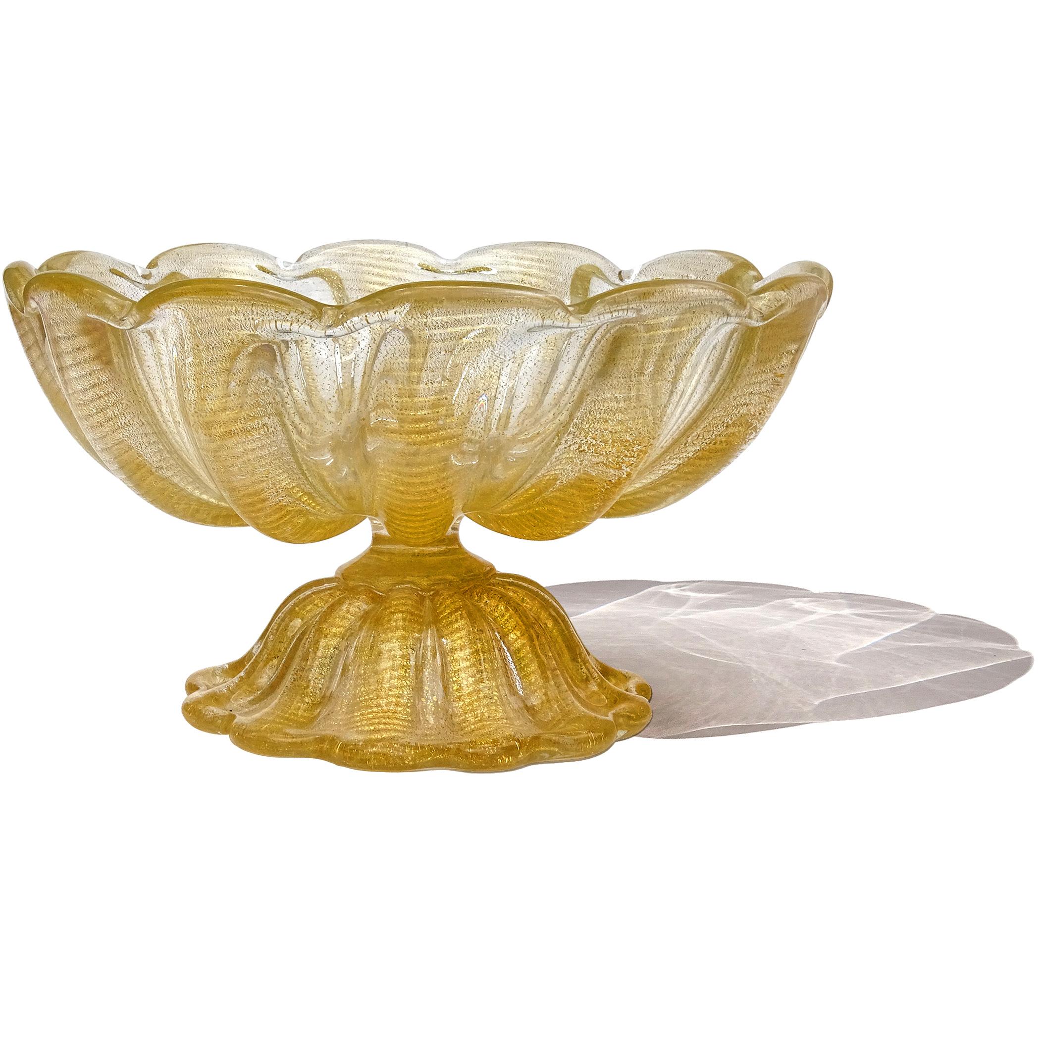 Barovier Toso Murano Cuenco con pie grande de vidrio artístico italiano con motas doradas Moderno de mediados de siglo