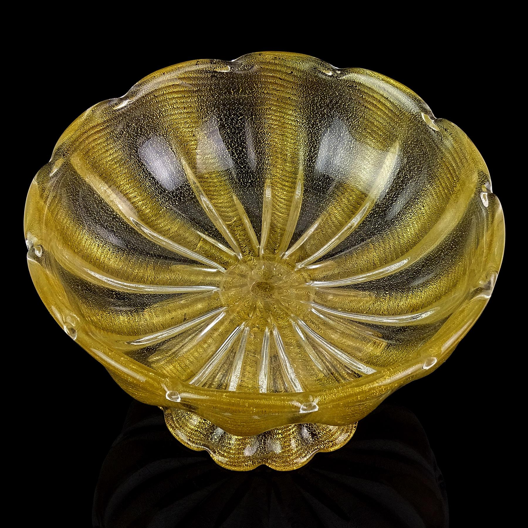 Fait main Barovier Toso Murano - Grand bol de centre de table sur pied en verre d'art italien avec mouchetures dorées