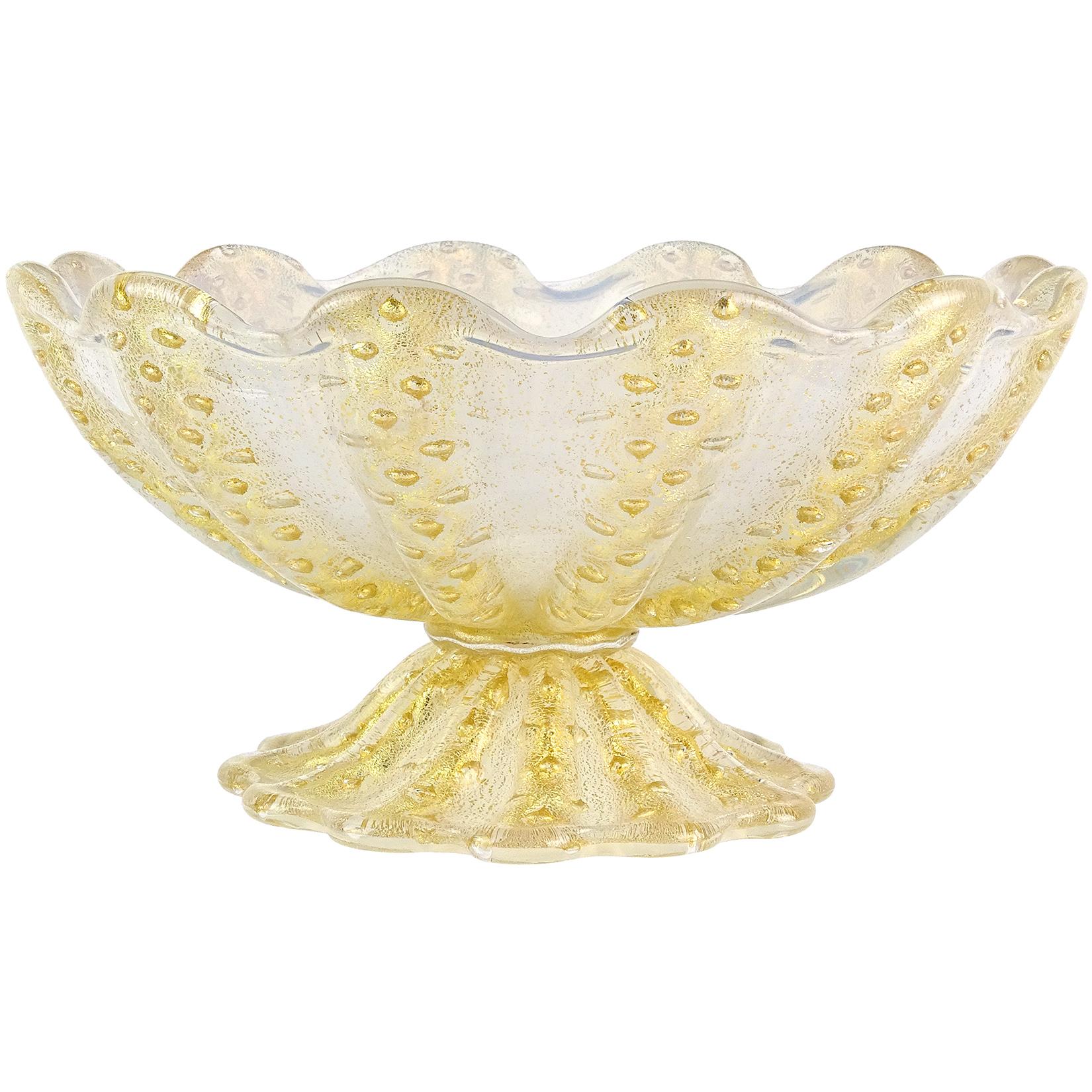 Barovier Toso Murano Opal White Gold Fleck Italian Art Glass Ribbed Compote Bowl