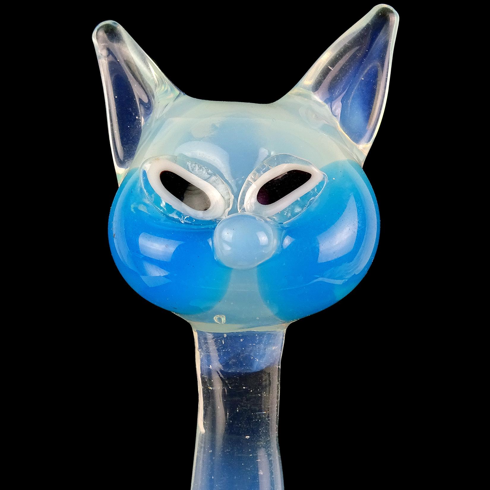 Mid-Century Modern Barovier Toso Murano Opalescent Blue White Italian Art Glass Kitty Cat Figure
