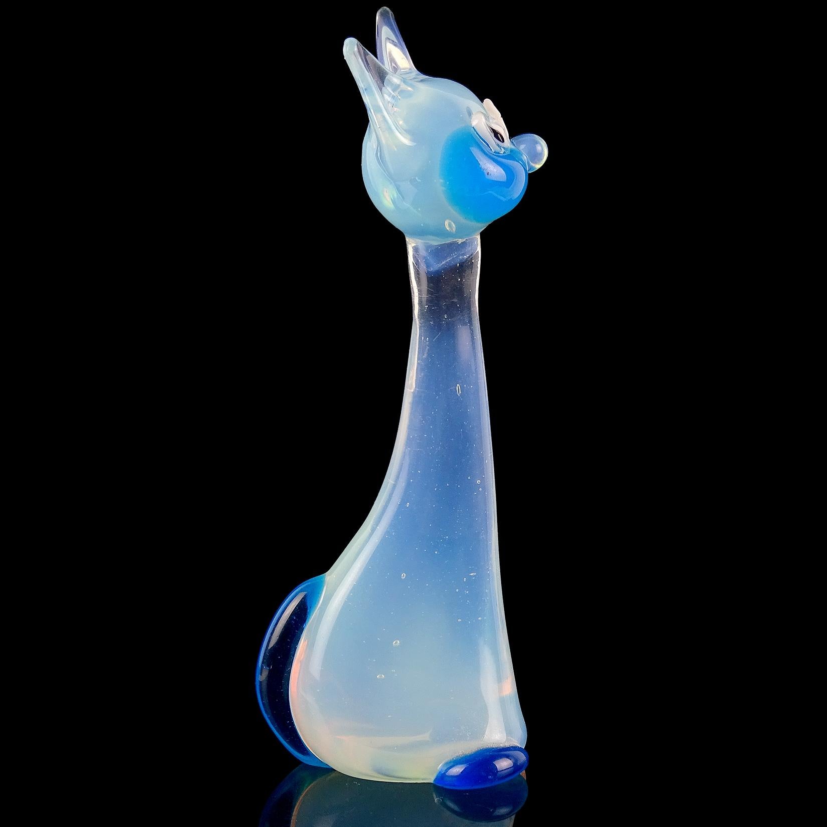 Hand-Crafted Barovier Toso Murano Opalescent Blue White Italian Art Glass Kitty Cat Figure