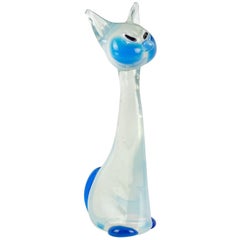 Retro Barovier Toso Murano Opalescent Blue White Italian Art Glass Kitty Cat Figure