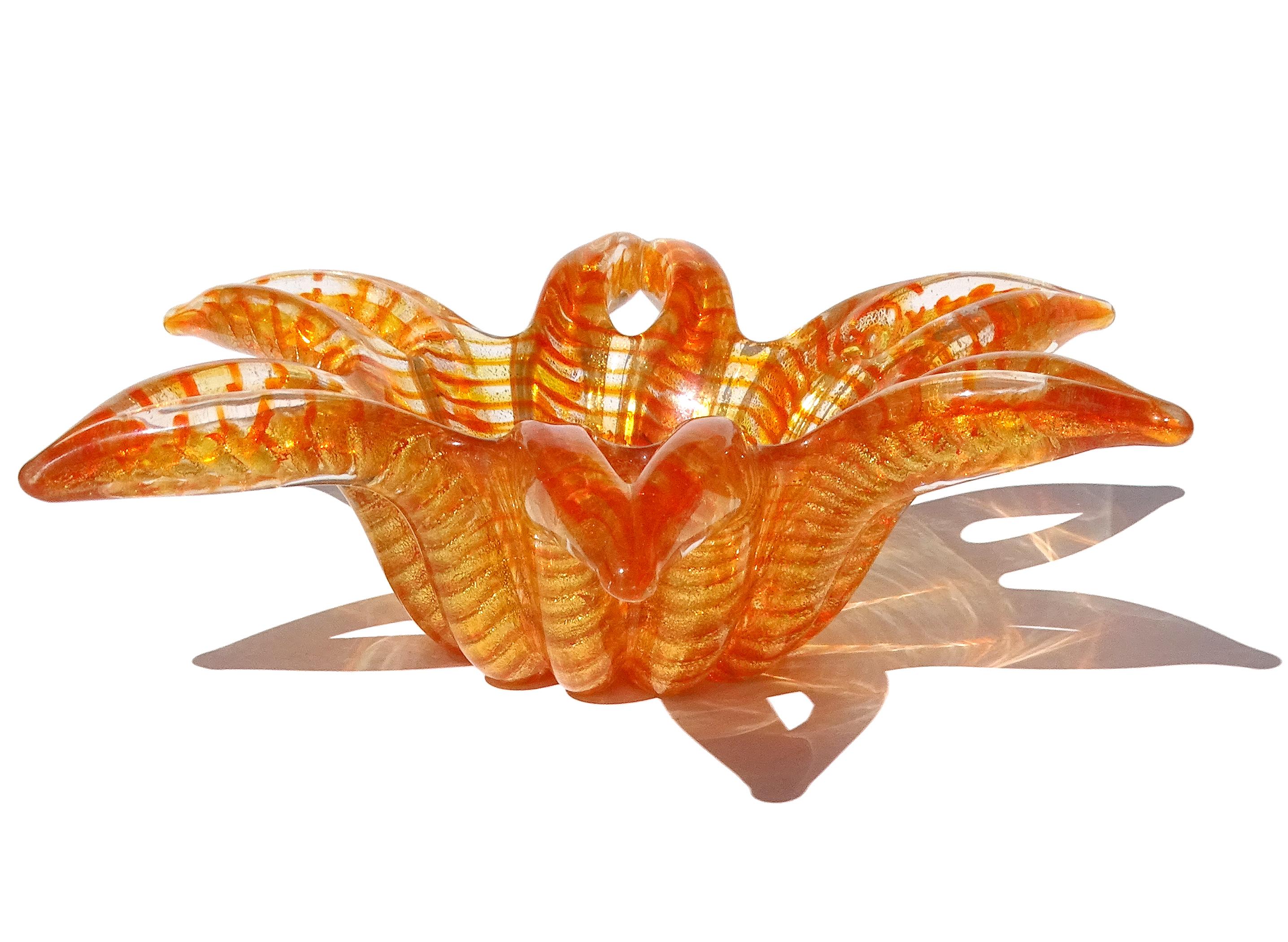 Fatto a mano Barovier&Toso Ciotola a stella in vetro artistico di Murano, arancione e a macchie d'oro in vendita