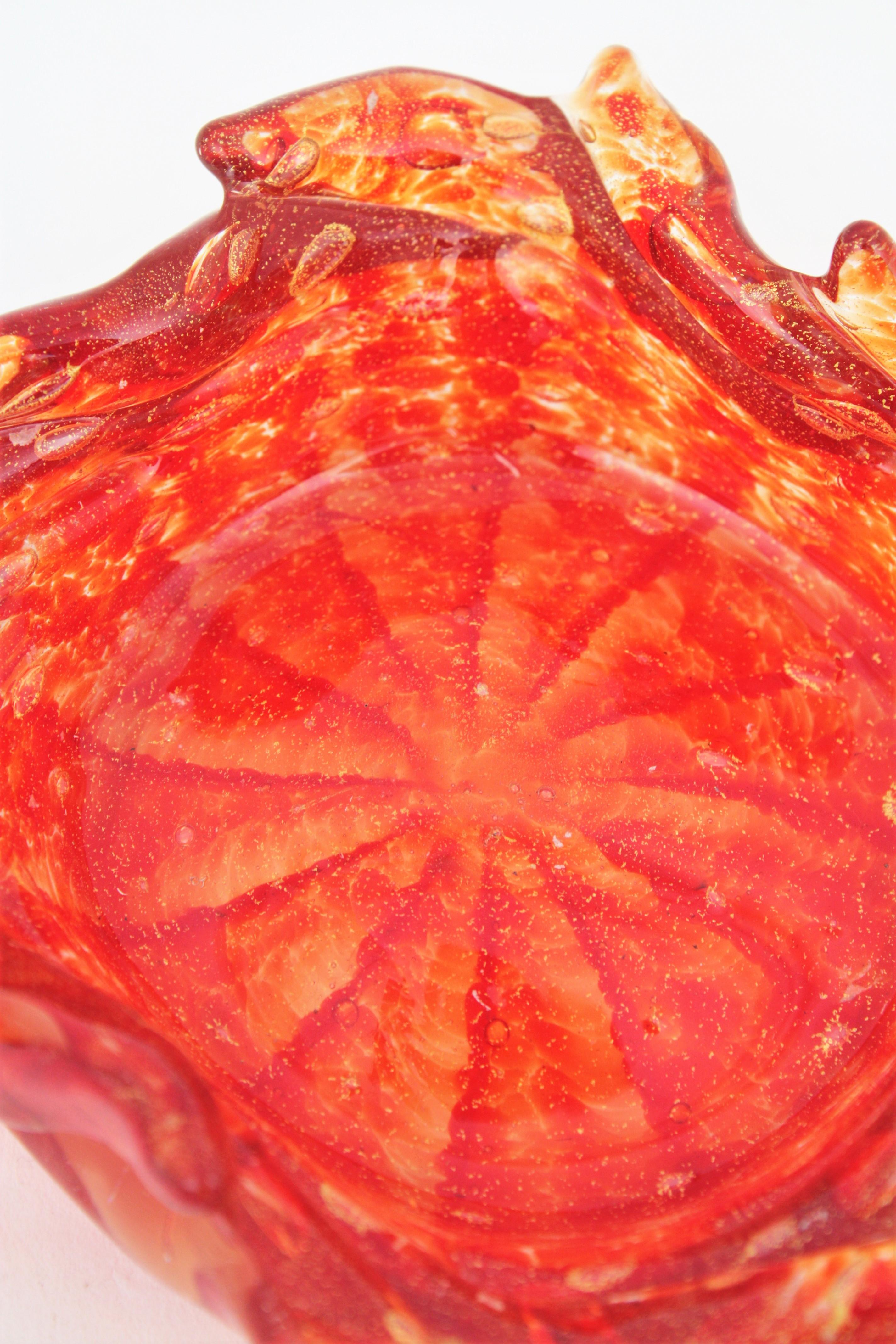 Barovier Toso Murano Orange Red Swirl Art Glass Bowl with Gold Flecks For Sale 7