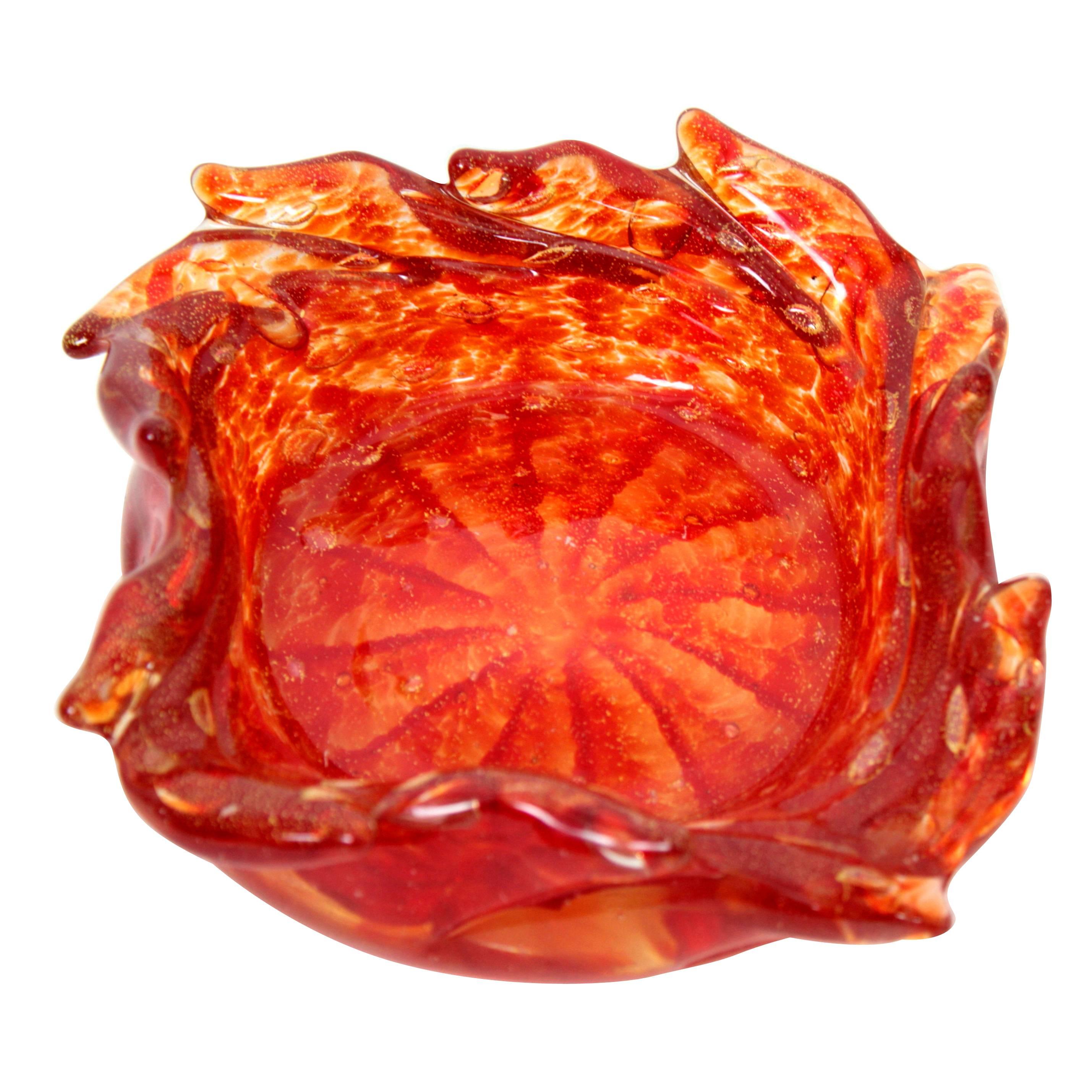 Barovier Toso Murano Orange Red Swirl Art Glass Bowl with Gold Flecks For Sale 2