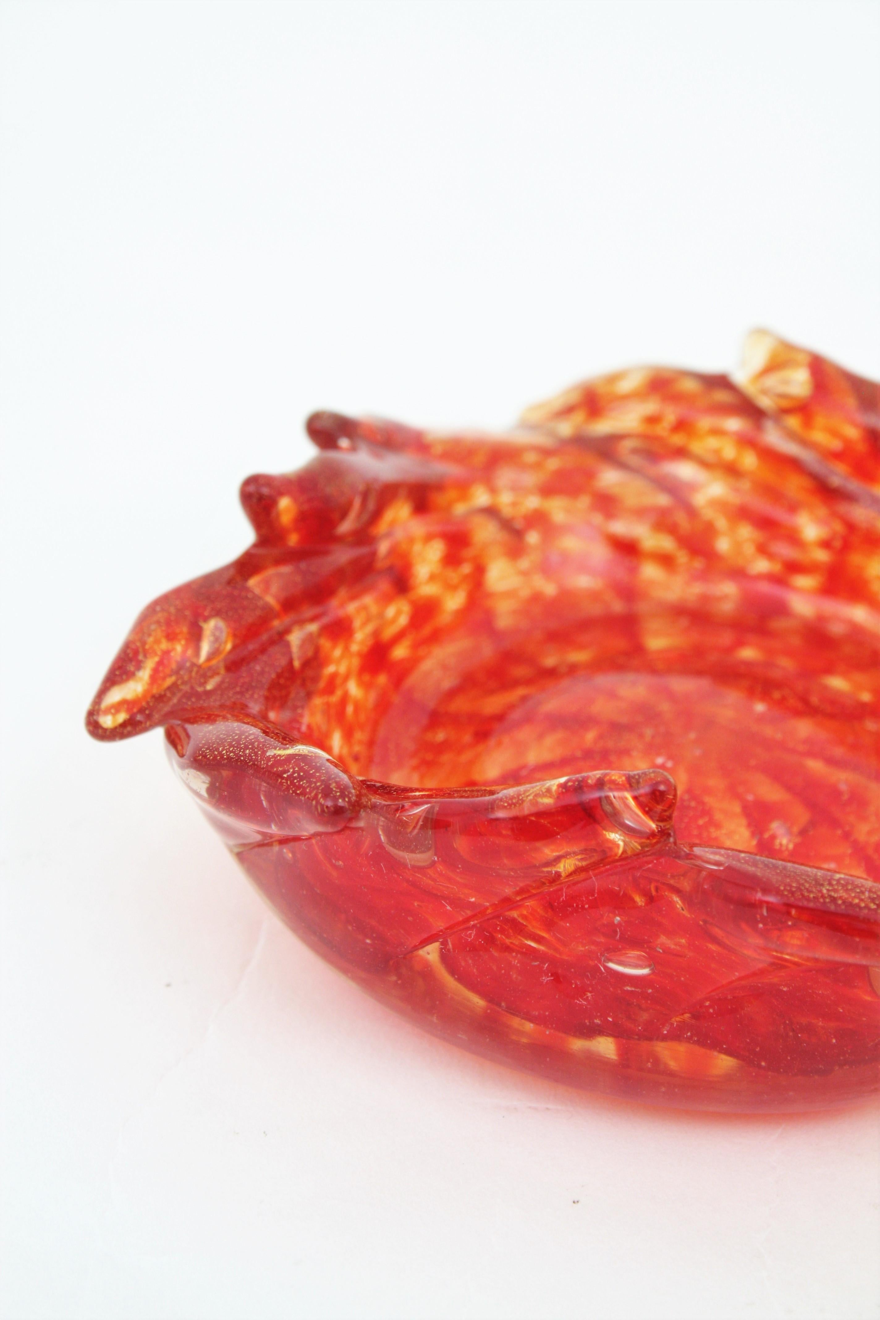 Barovier Toso Murano Orange Red Swirl Art Glass Bowl with Gold Flecks For Sale 3