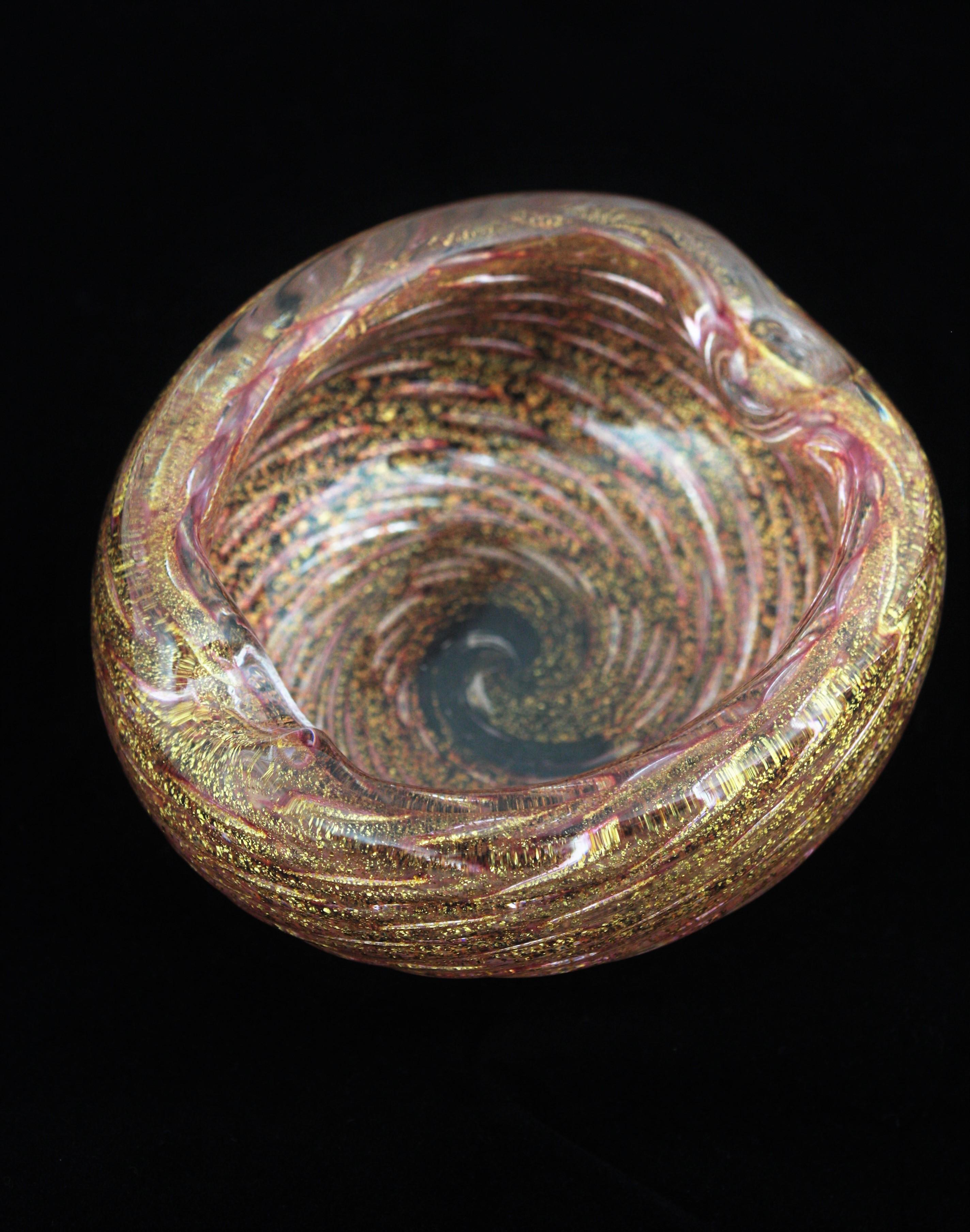 Barovier Toso Murano Pink Swirl Gold Flecks Art Glass Bowl or Ashtray  For Sale 6