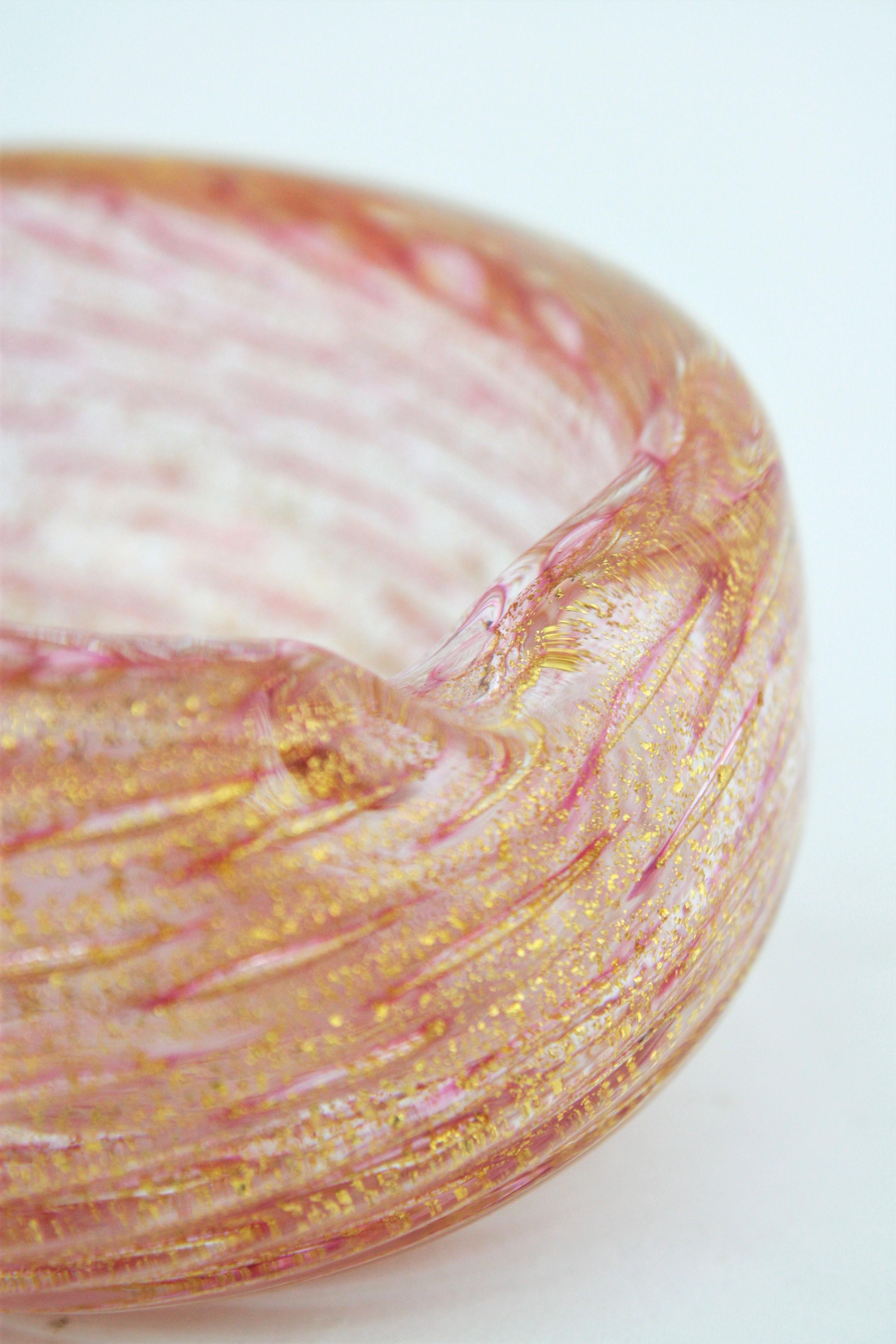 20th Century Barovier Toso Murano Pink Swirl Gold Flecks Art Glass Bowl or Ashtray  For Sale