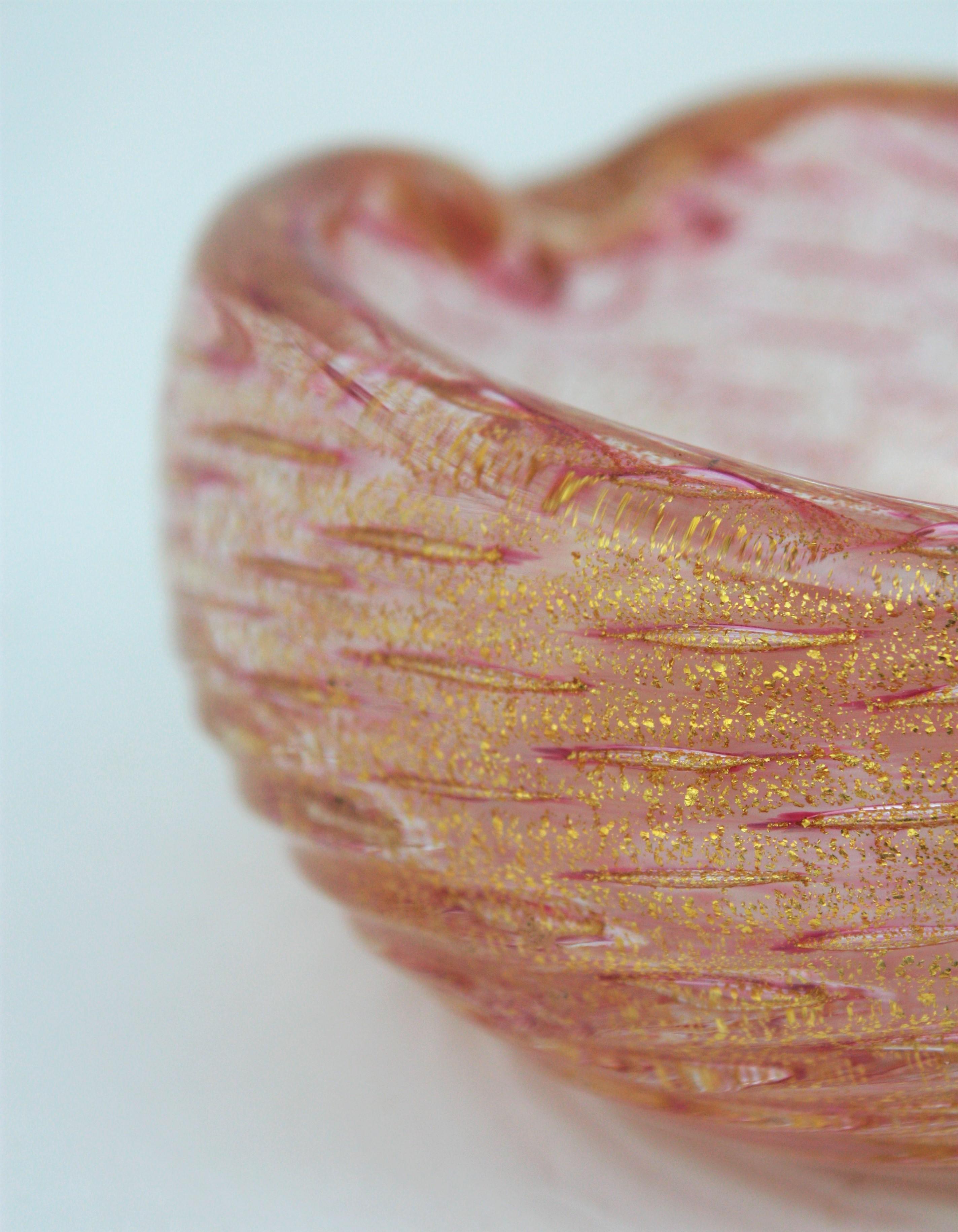 Barovier Toso Murano Pink Swirl Gold Flecks Art Glass Bowl or Ashtray  For Sale 1