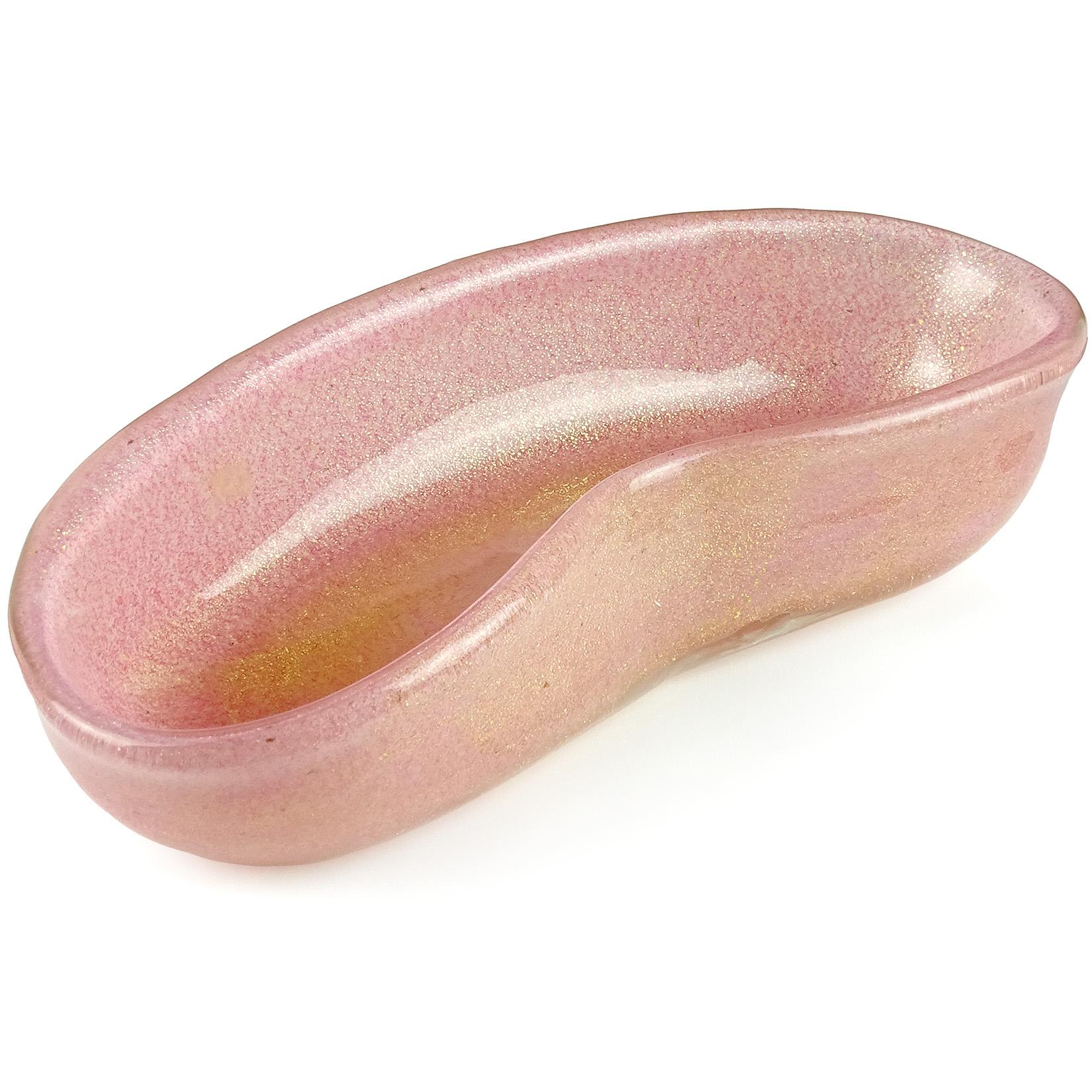 Priced per item (2 bowls available). Beautiful vintage Murano hand blown pink and gold flecks Italian art glass vanity jewelry tray / bowl. Documented to designer Ercole Barovier for Barovier e Toso, in the 