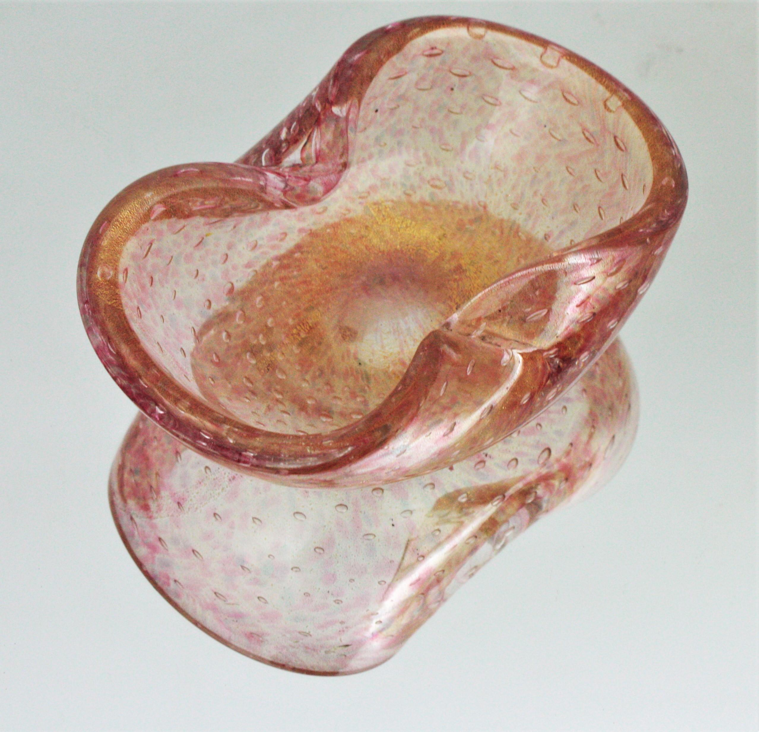 Copper Barovier Toso Murano Pink Gold Flecks Bullicante Art Glass Bowl or Ashtray For Sale