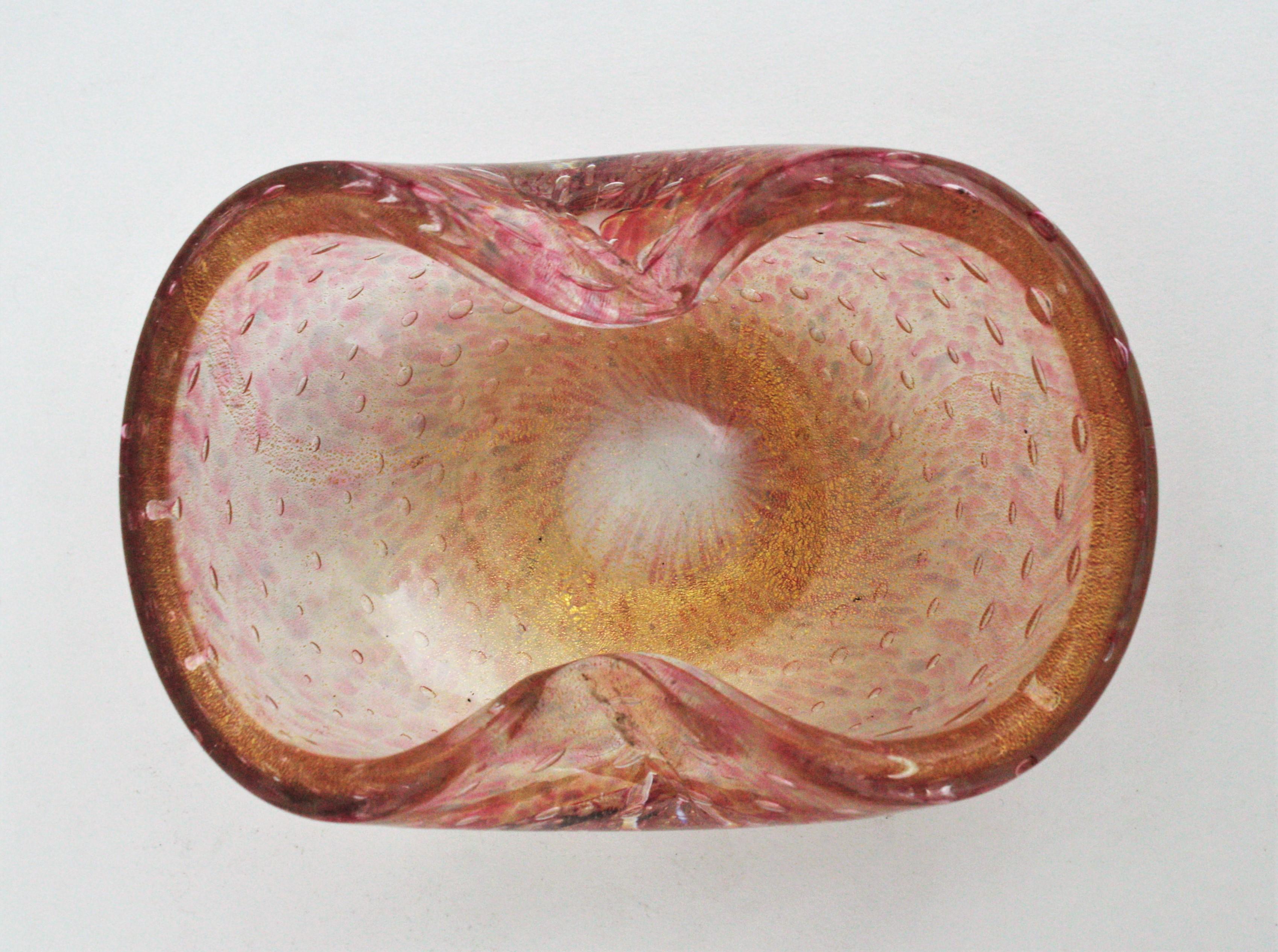 Barovier Toso Murano Pink Gold Flecks Bullicante Art Glass Bowl or Ashtray For Sale 3