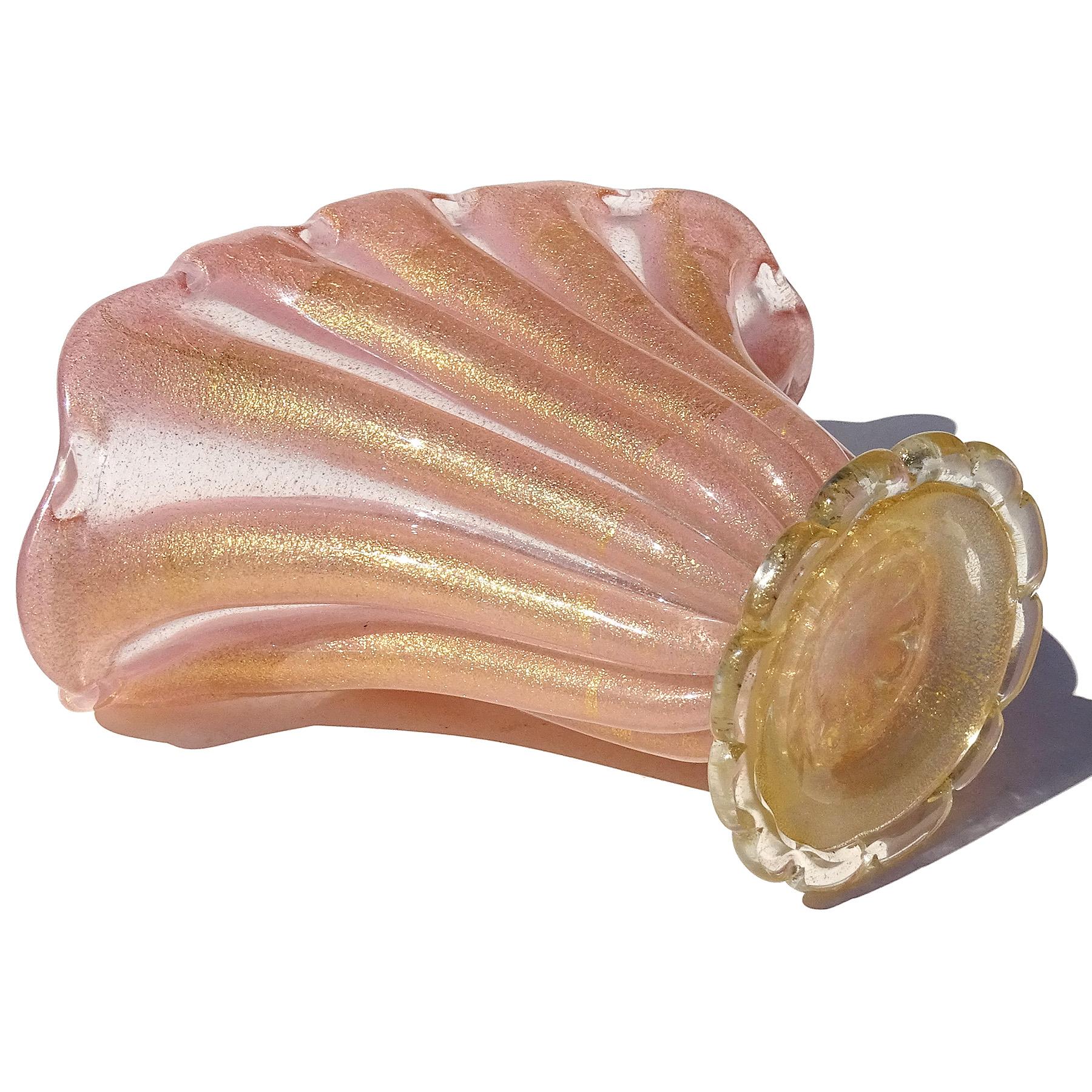Barovier Toso Murano Pink Gold Flecks Fan Shape Italian Art Glass Flower Vase For Sale 4