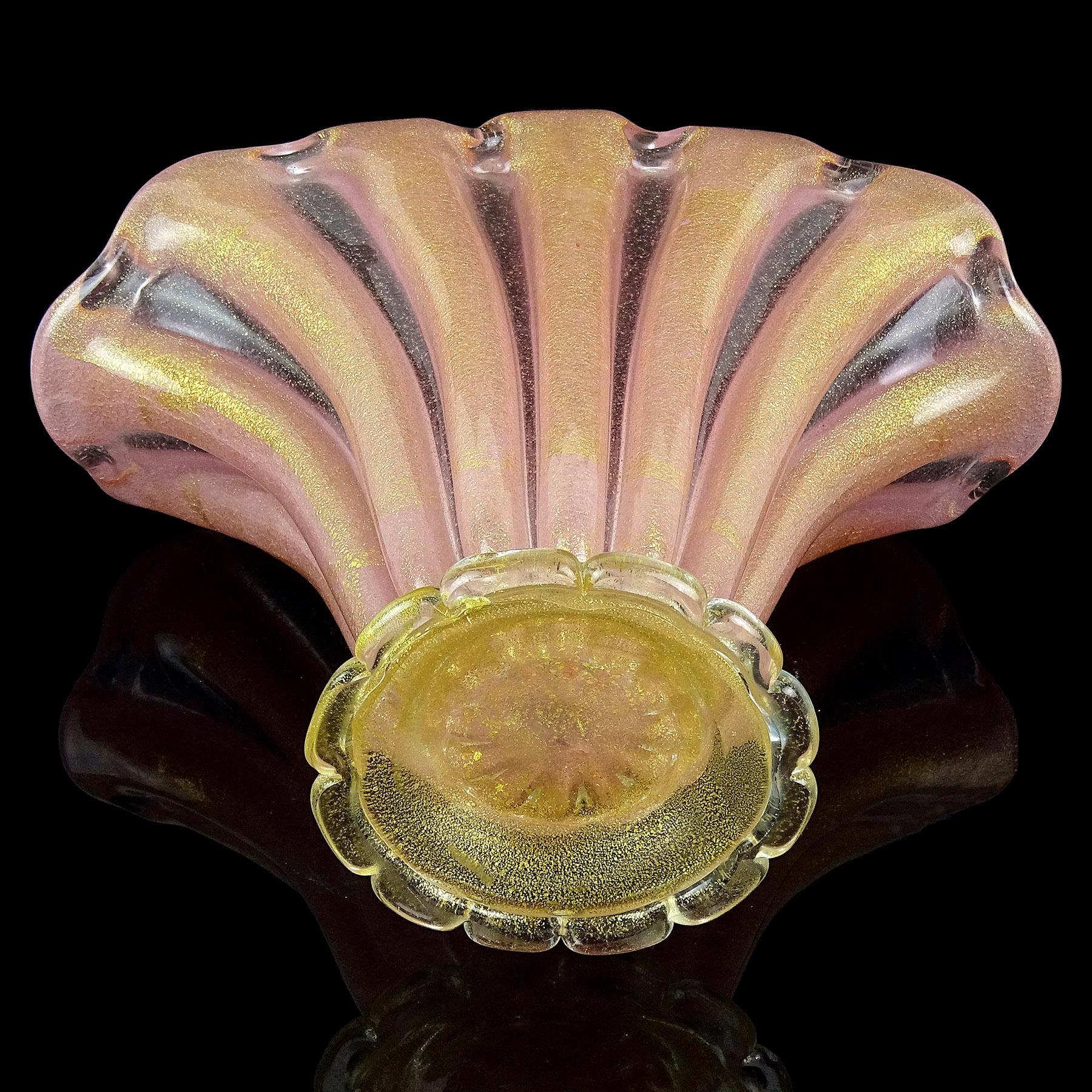 Barovier Toso Murano Pink Gold Flecks Fan Shape Italian Art Glass Flower Vase For Sale 5