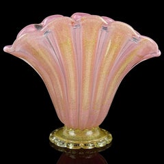 Barovier Toso Murano Pink Gold Flecks Fan Shape Italian Art Glass Flower Vase