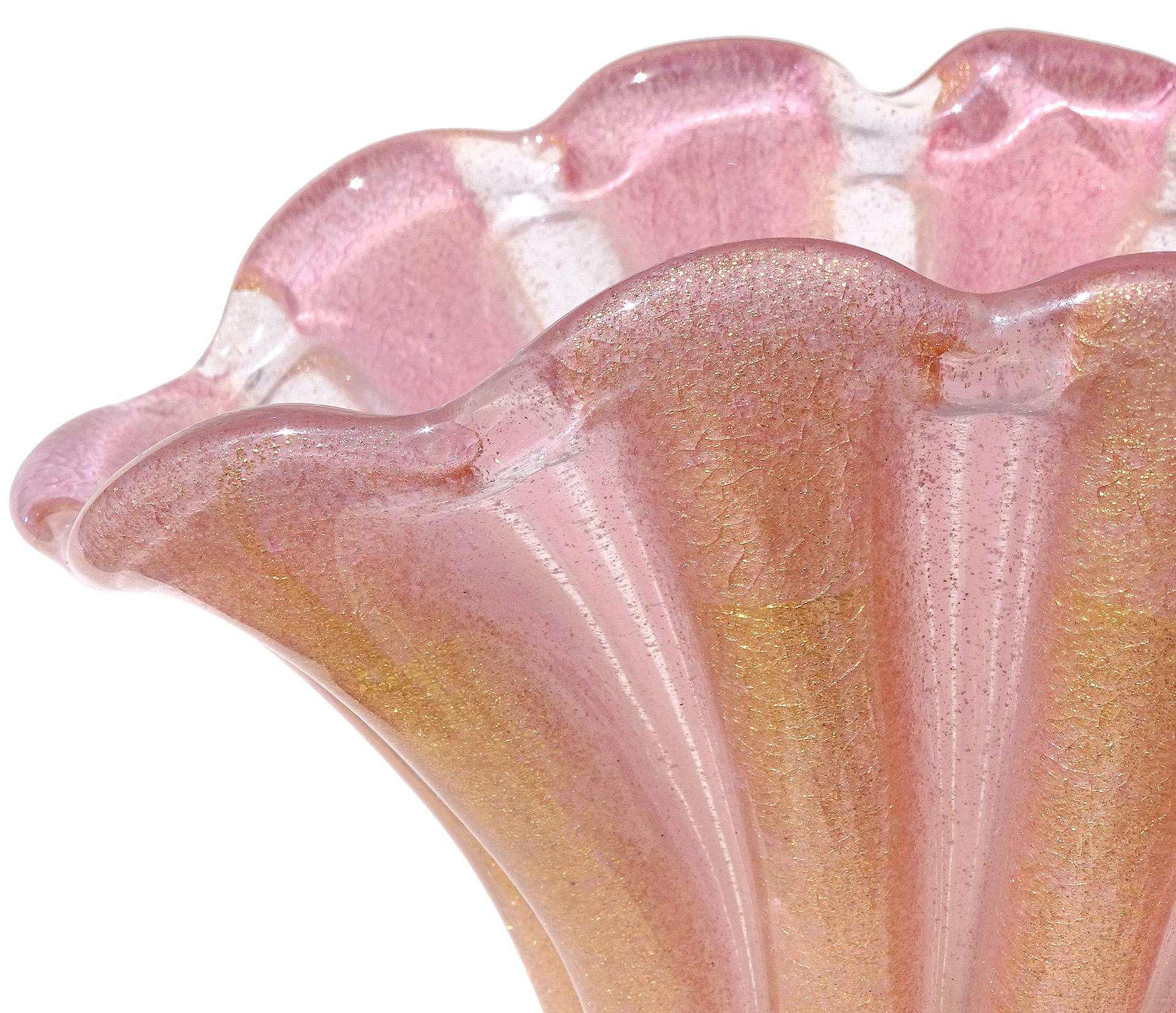 Hand-Crafted Barovier Toso Murano Pink Gold Flecks Fan Shape Italian Art Glass Flower Vase For Sale