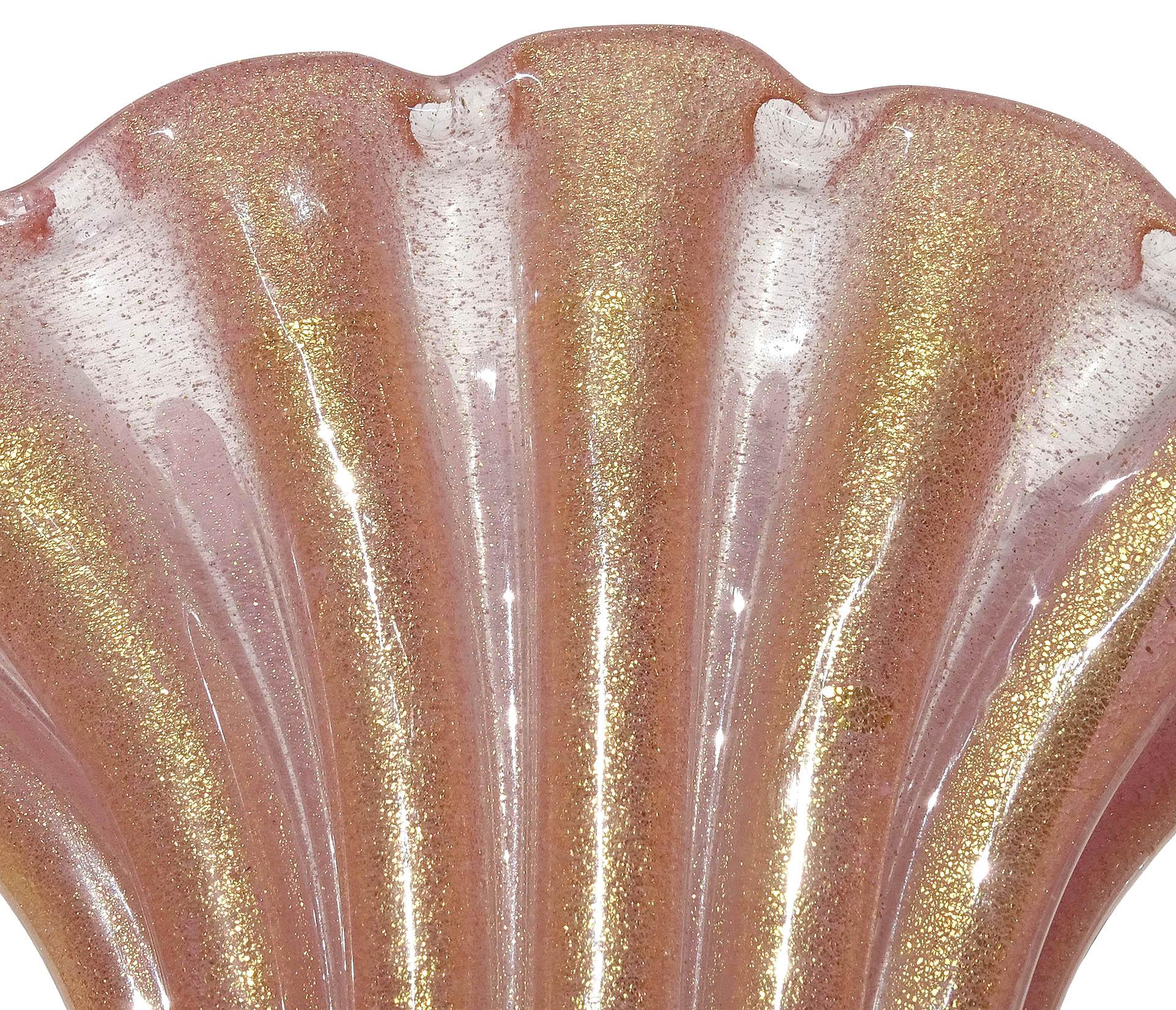Barovier Toso Murano Pink Gold Flecks Fan Shape Italian Art Glass Flower Vase For Sale 3