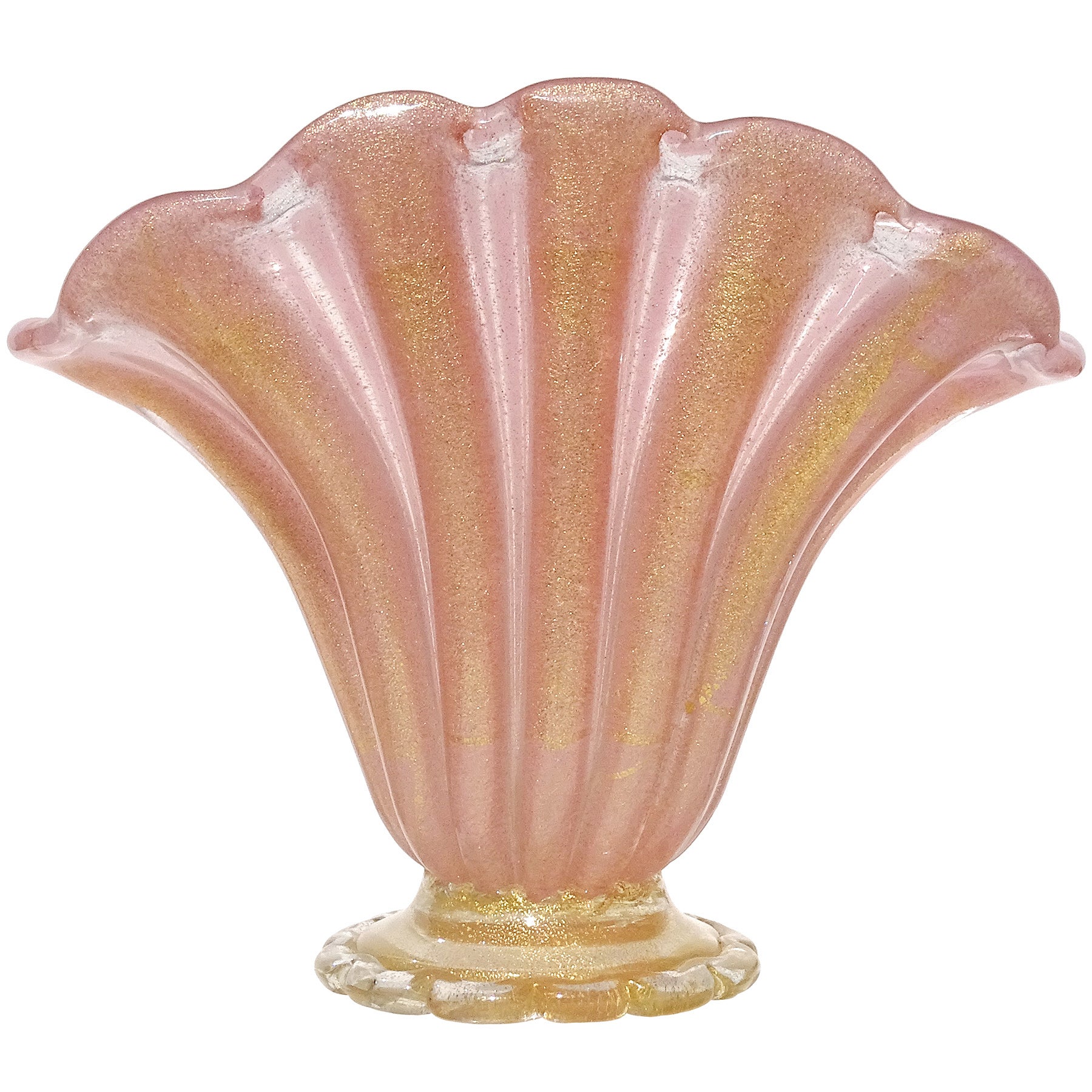 Barovier Toso Murano Pink Gold Flecks Fan Shape Italian Art Glass Flower Vase For Sale