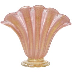Barovier Toso Murano Pink Gold Flecks Fan Shape Italian Art Glass Flower Vase